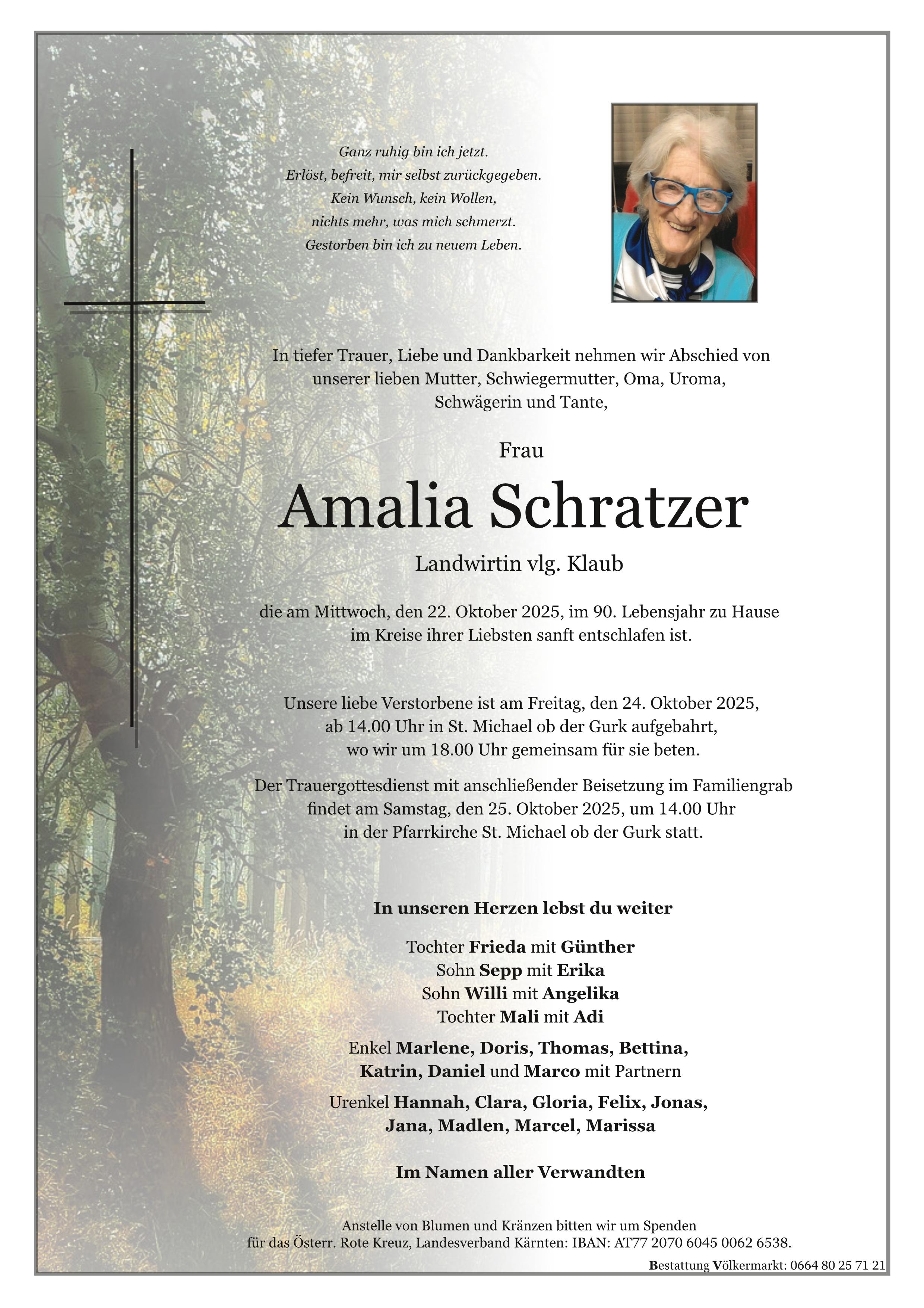 Traueranzeige von Amalia Schratzer, Landwirtin vlg. Klaub