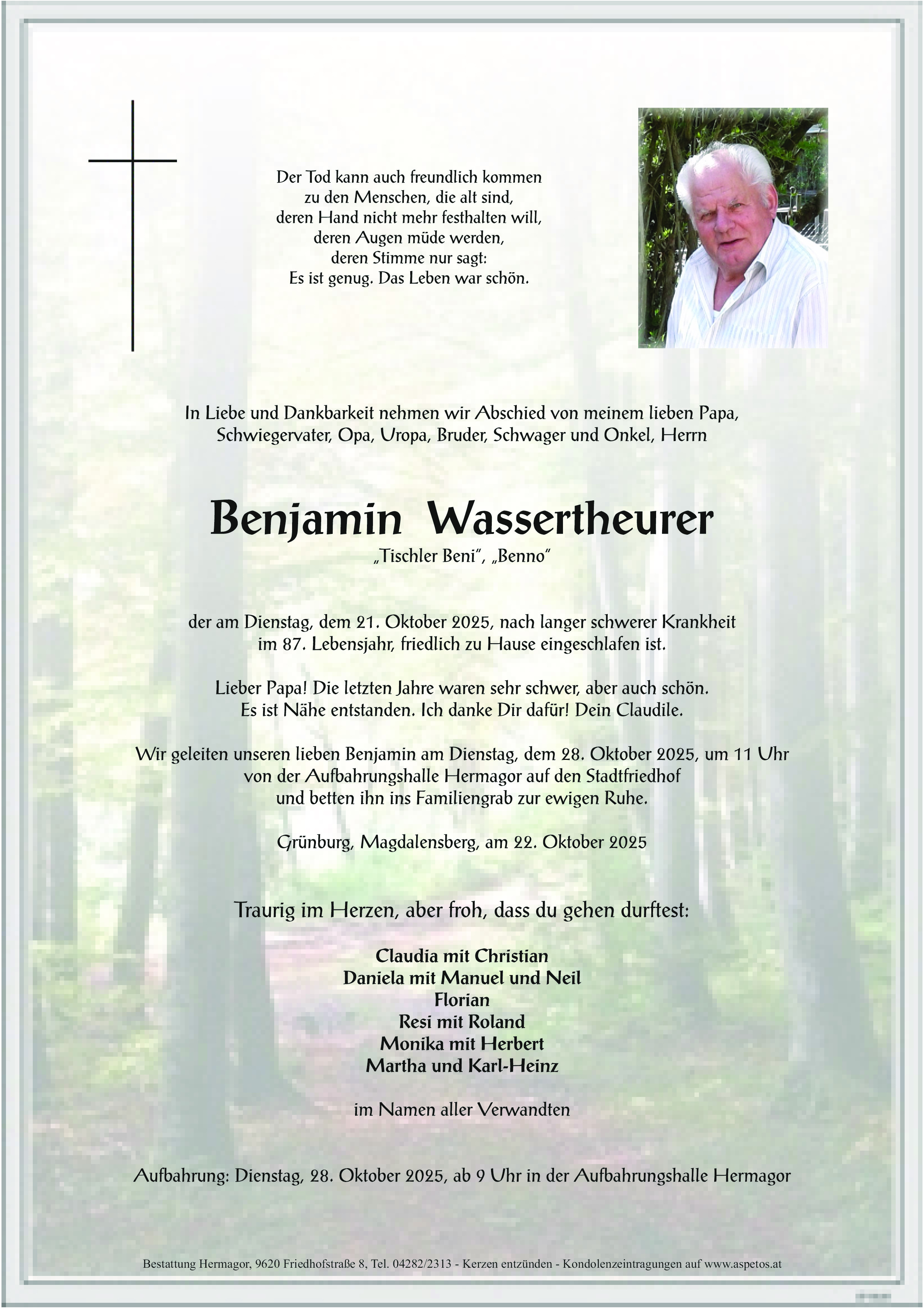 Traueranzeige von Benjamin Wassertheurer vlg. Tischler