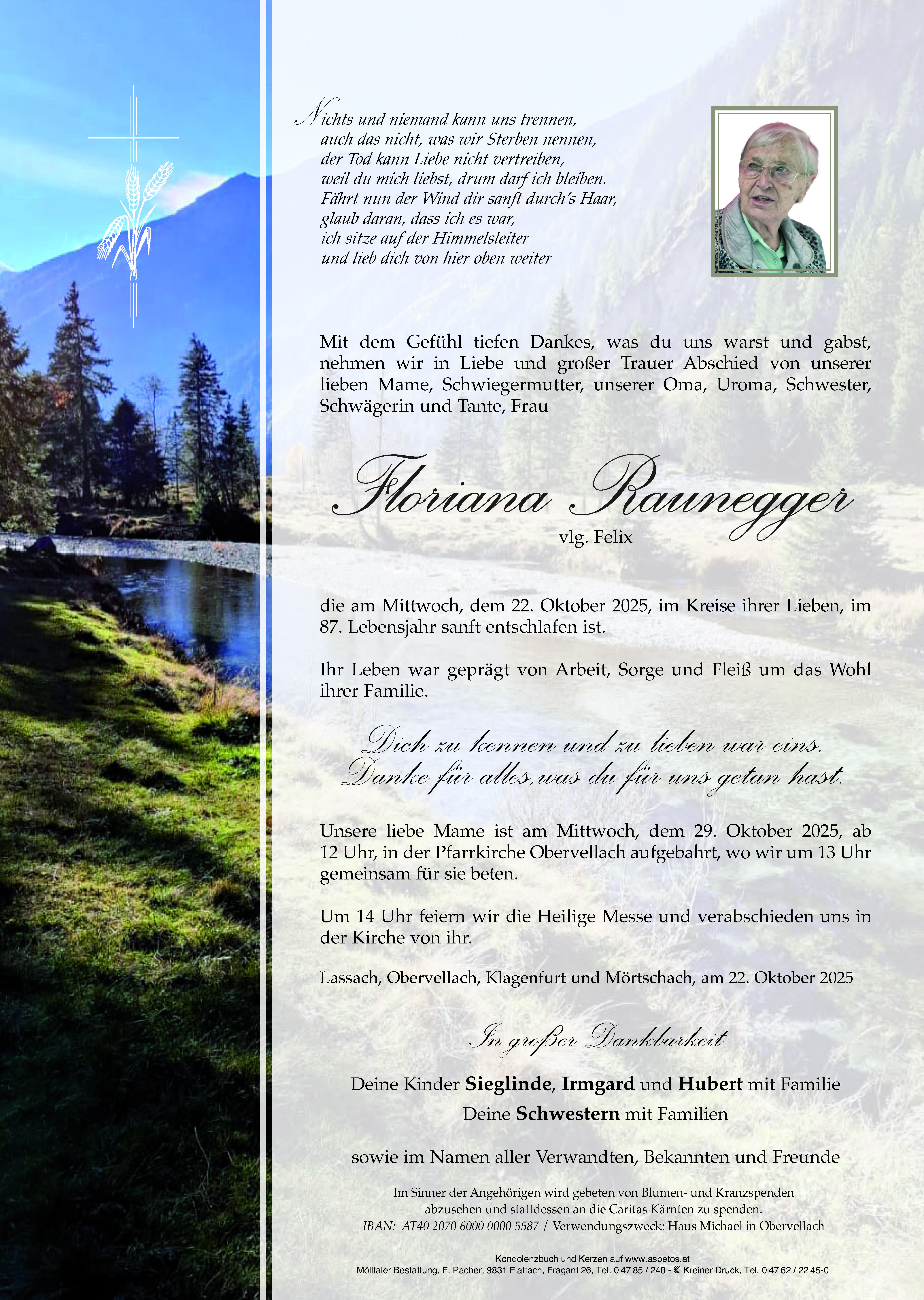 Traueranzeige von Floriana Raunegger