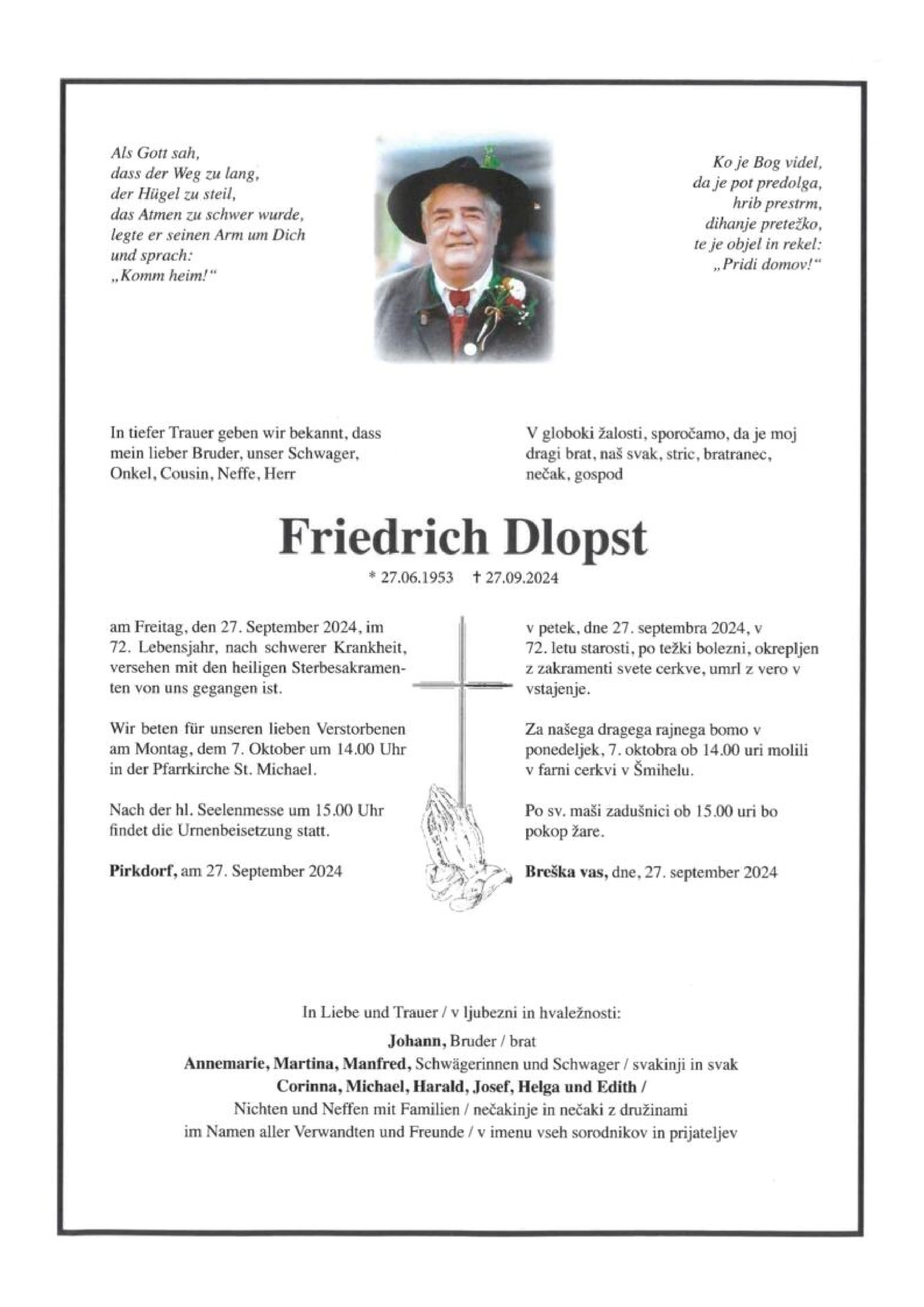 Traueranzeige von Friedrich Dlopst