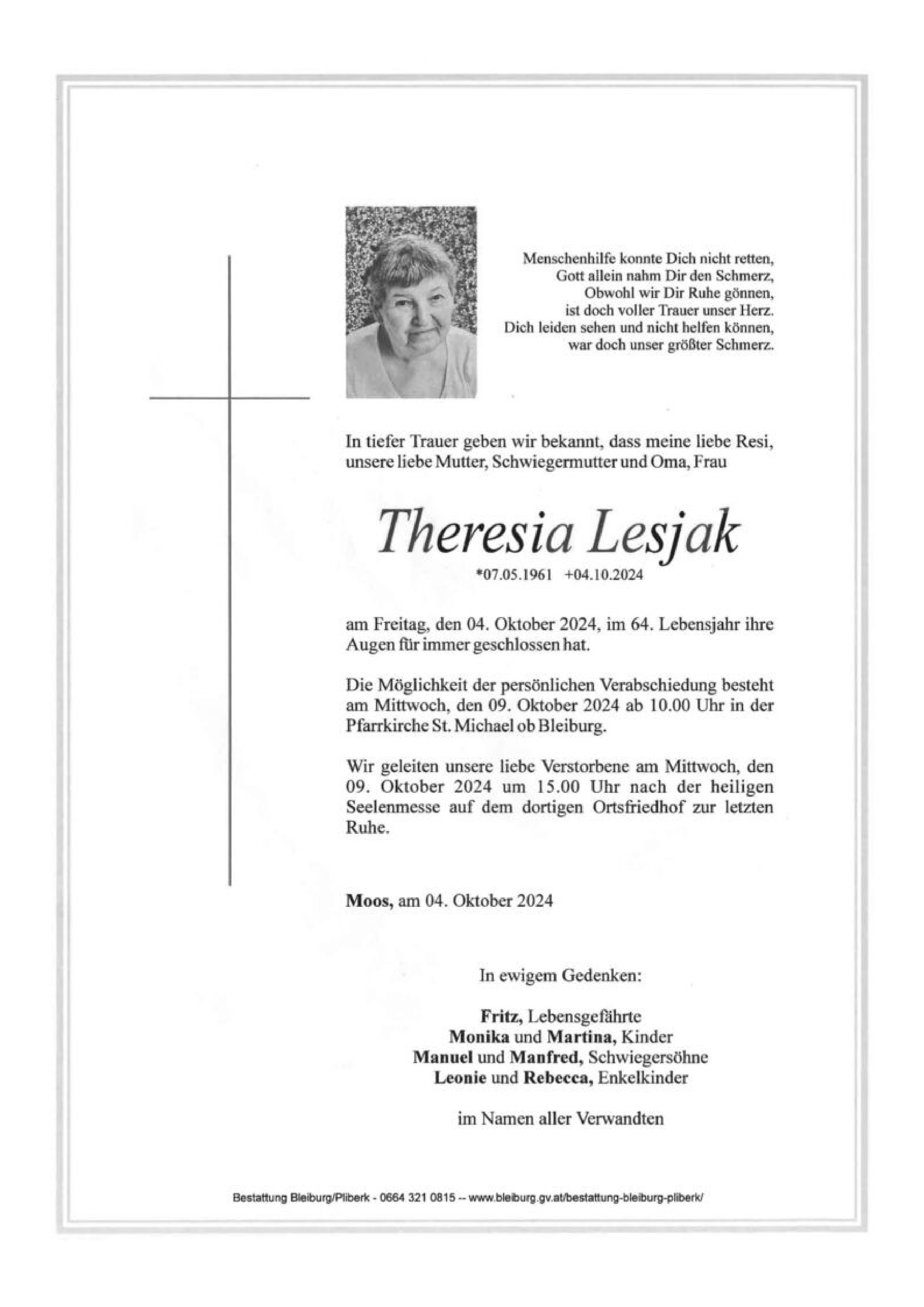 Traueranzeige von Theresie Lesjak