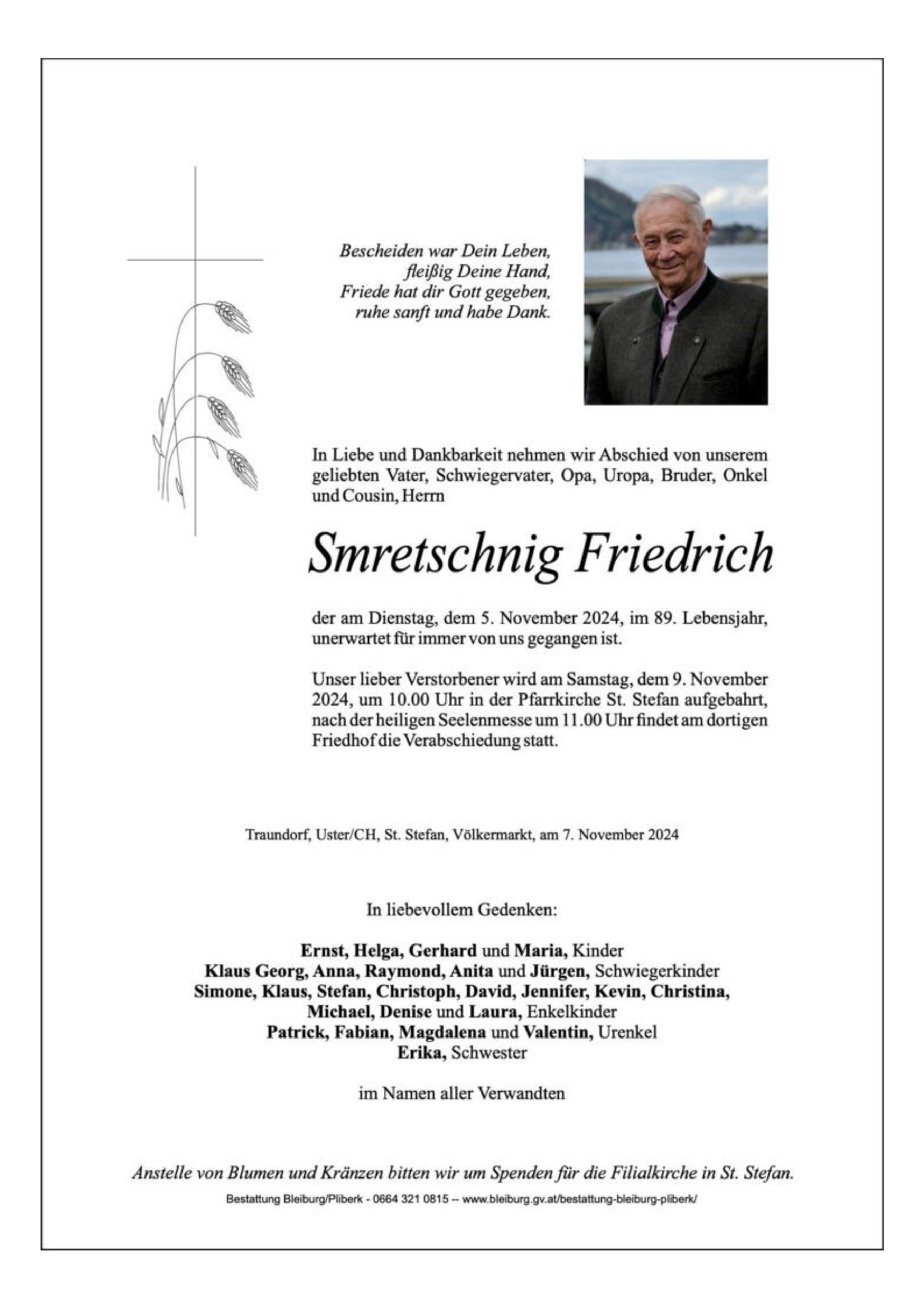 Traueranzeige von Friedrich Smretschnig