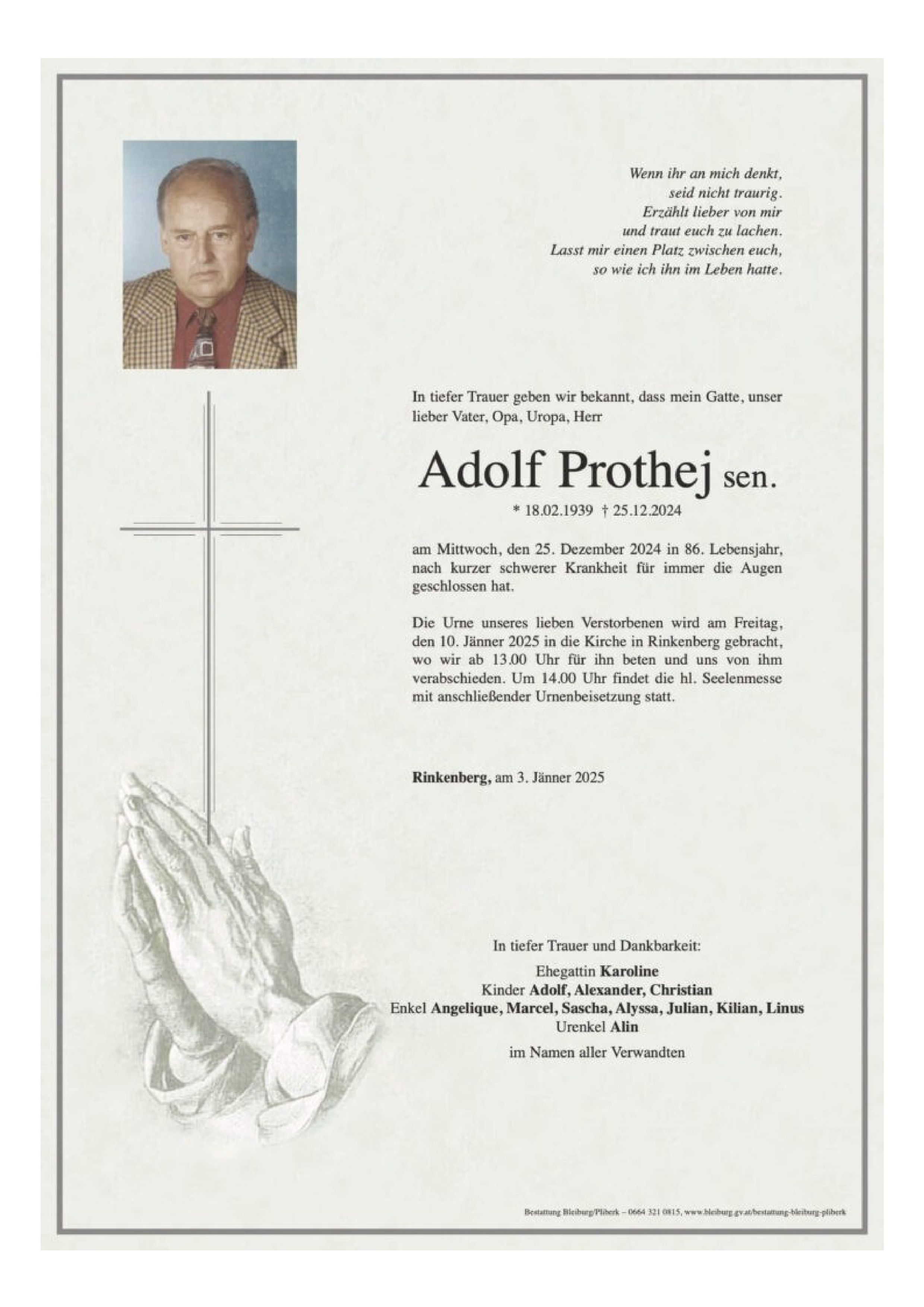Traueranzeige von Adolf Prothej