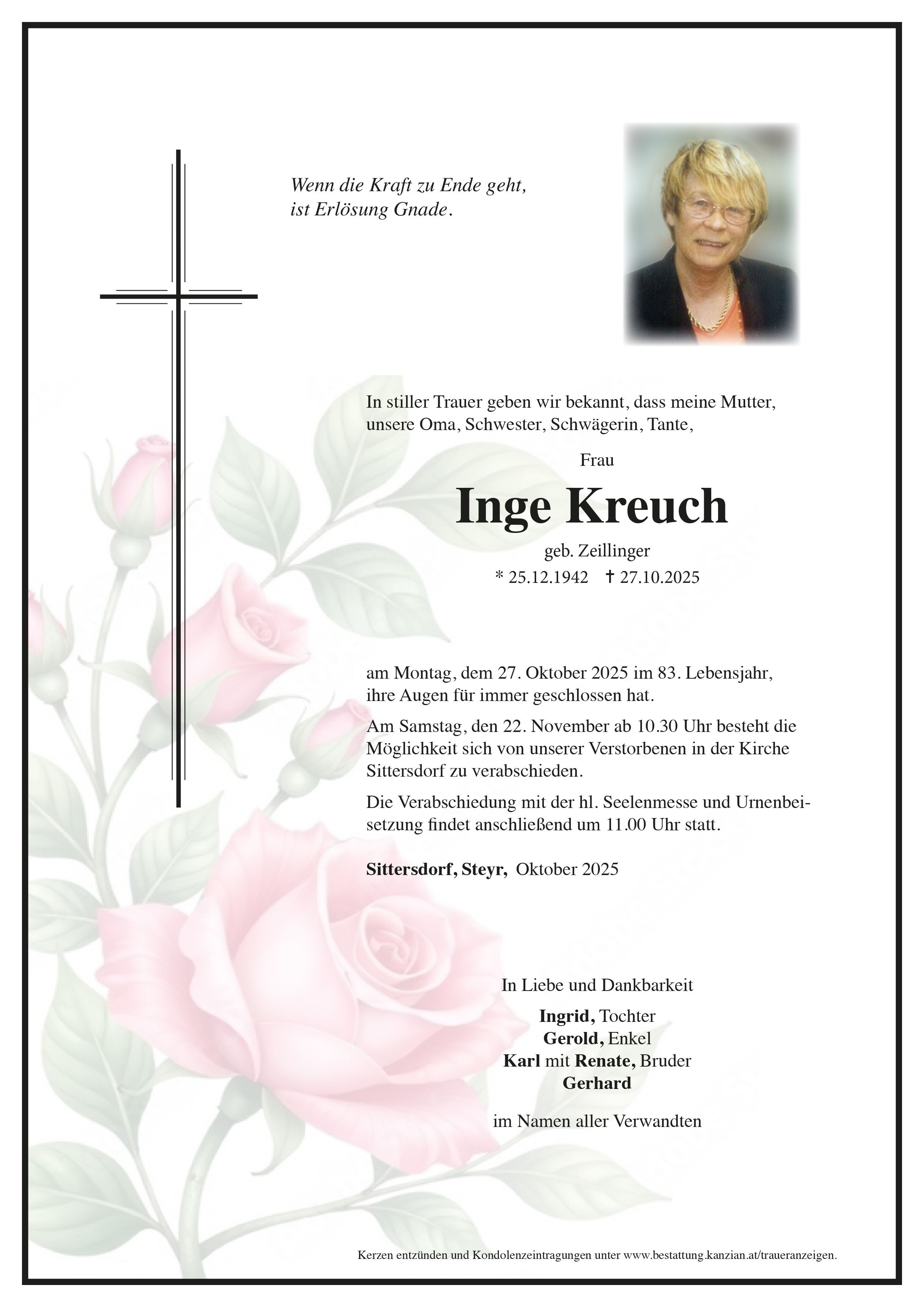 Traueranzeige von Inge Kreuch