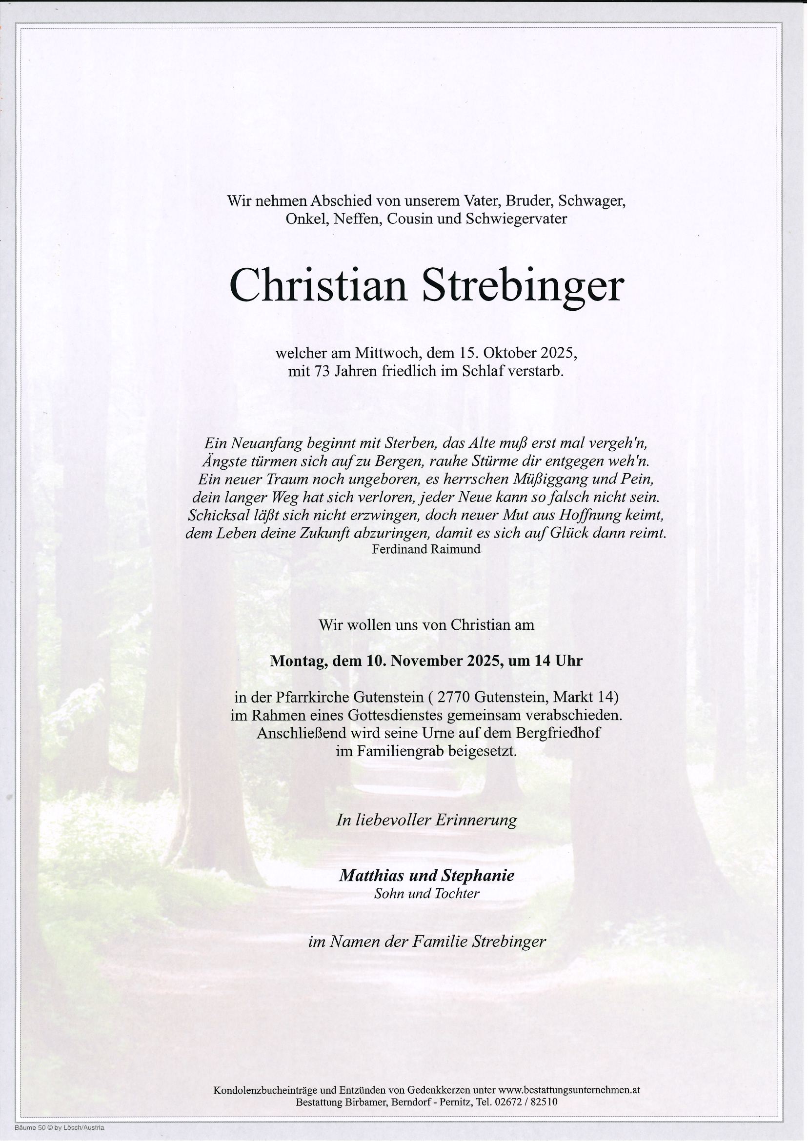Traueranzeige von Christian Strebinger