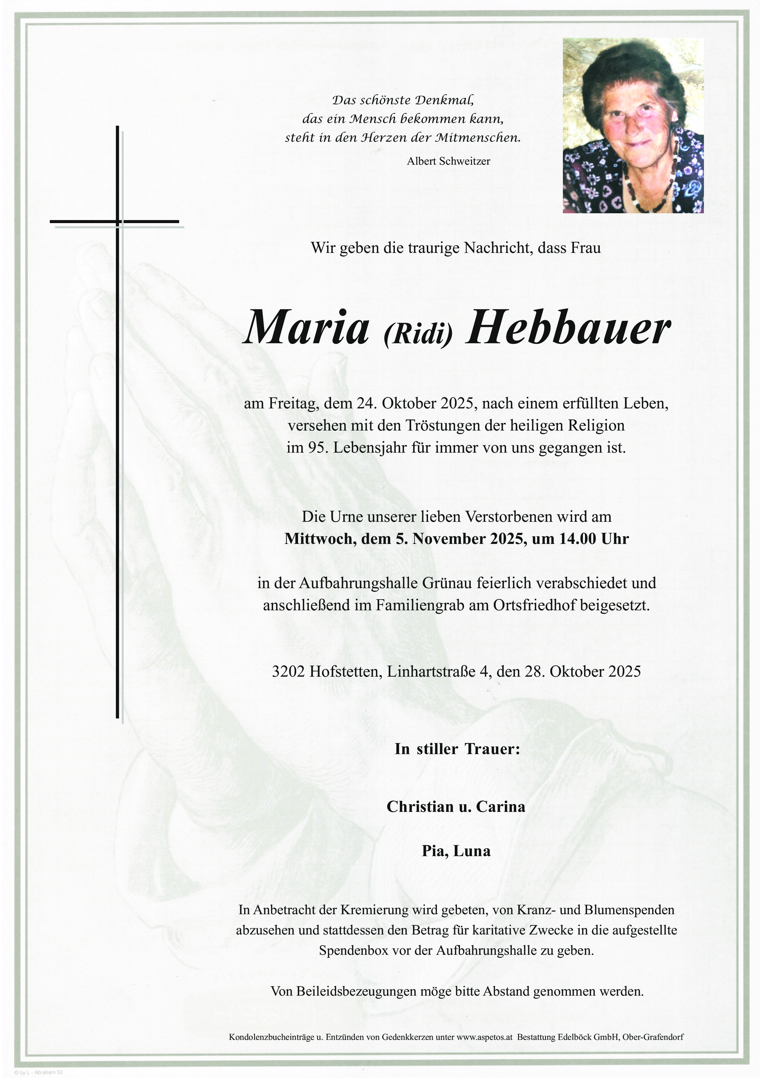 Traueranzeige von Maria Hebbauer