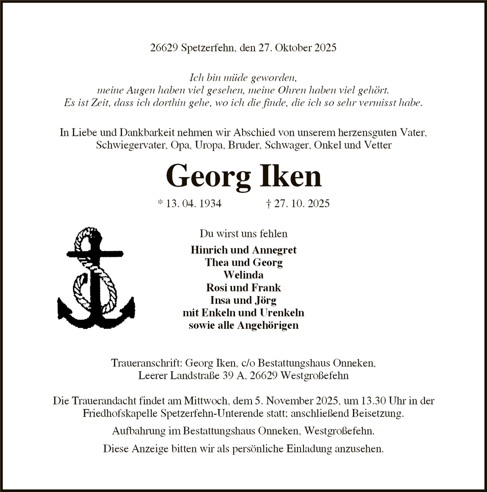 Traueranzeige von Georg Iken