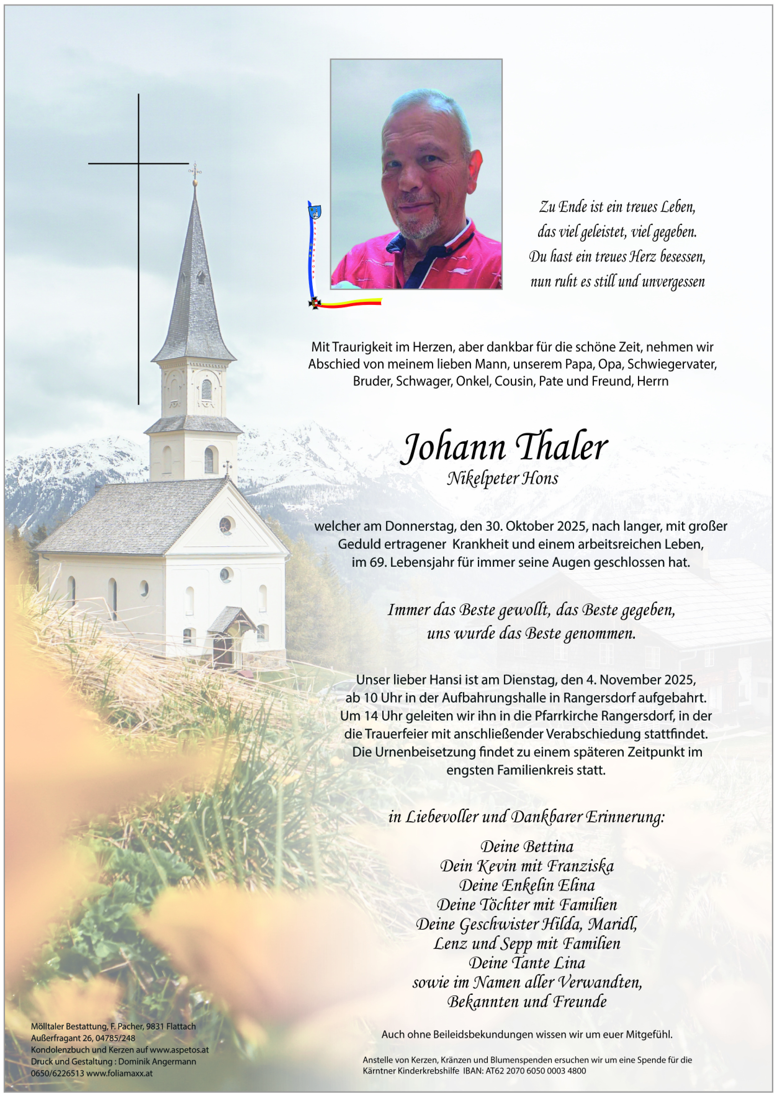 Traueranzeige von Johann Thaler