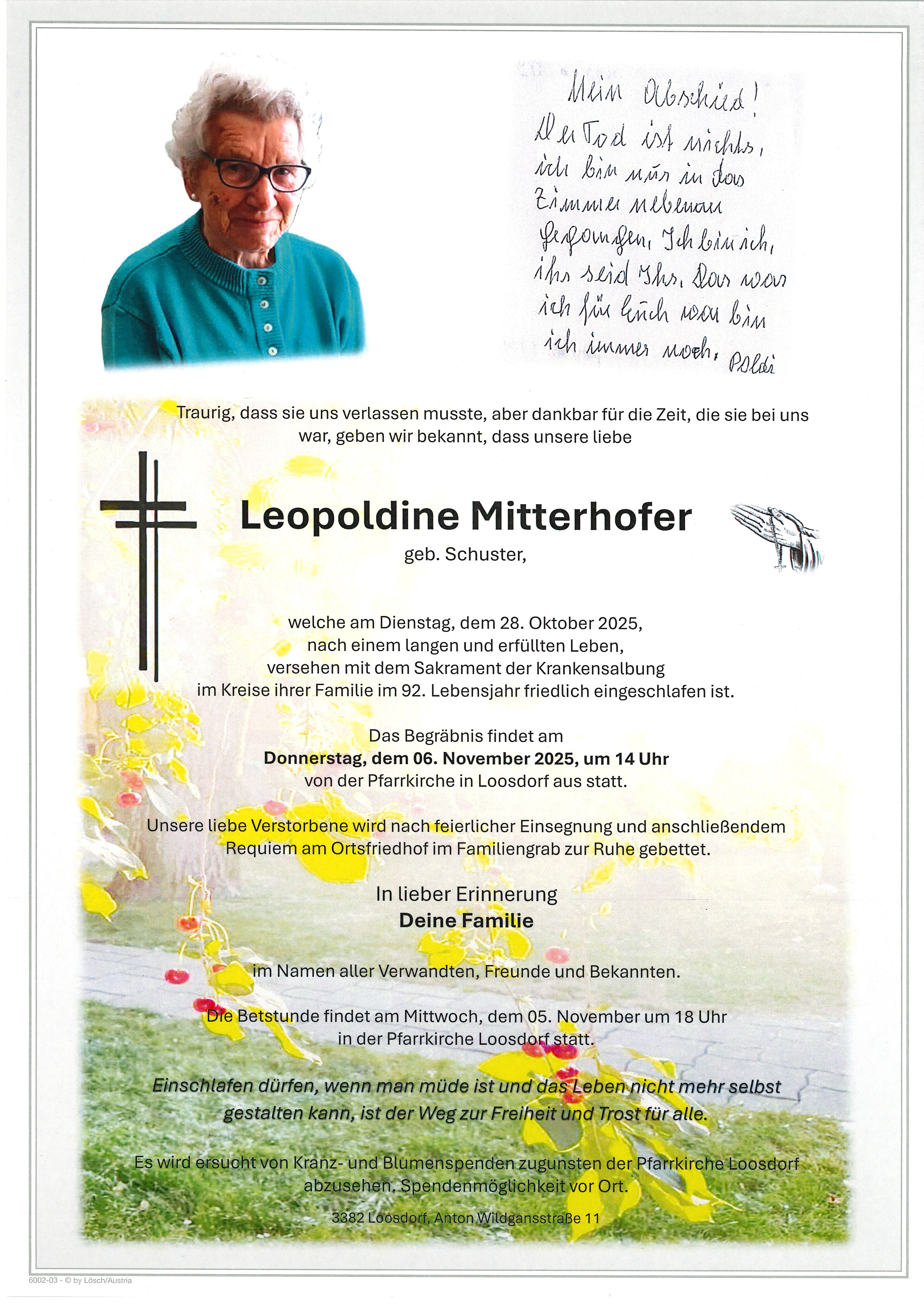 Traueranzeige von Leopoldine Mitterhofer