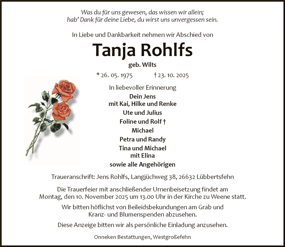 Traueranzeige von Tanja Rohlfs
