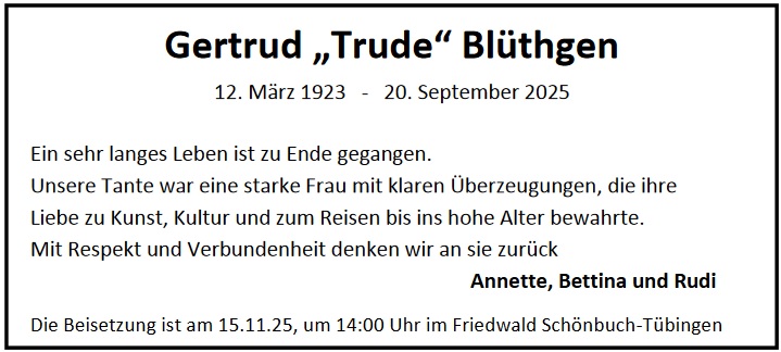 Traueranzeige von Gertrud Blüthgen