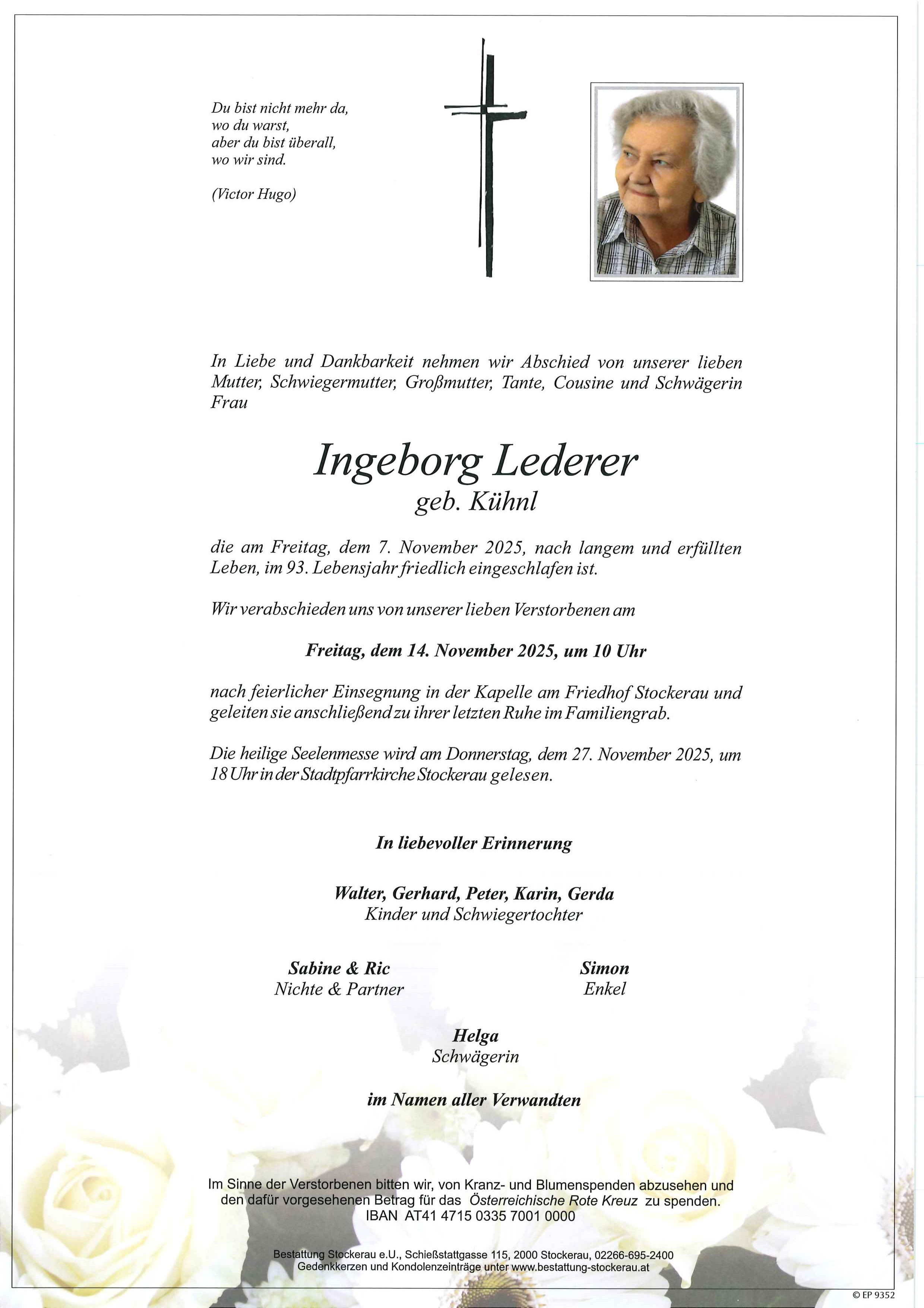 Traueranzeige von Ingeborg Lederer