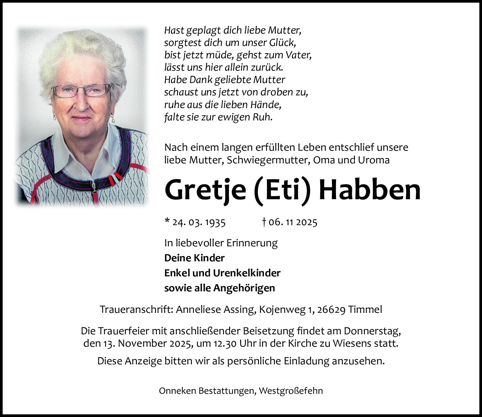Traueranzeige von Gretje (Eti) Habben