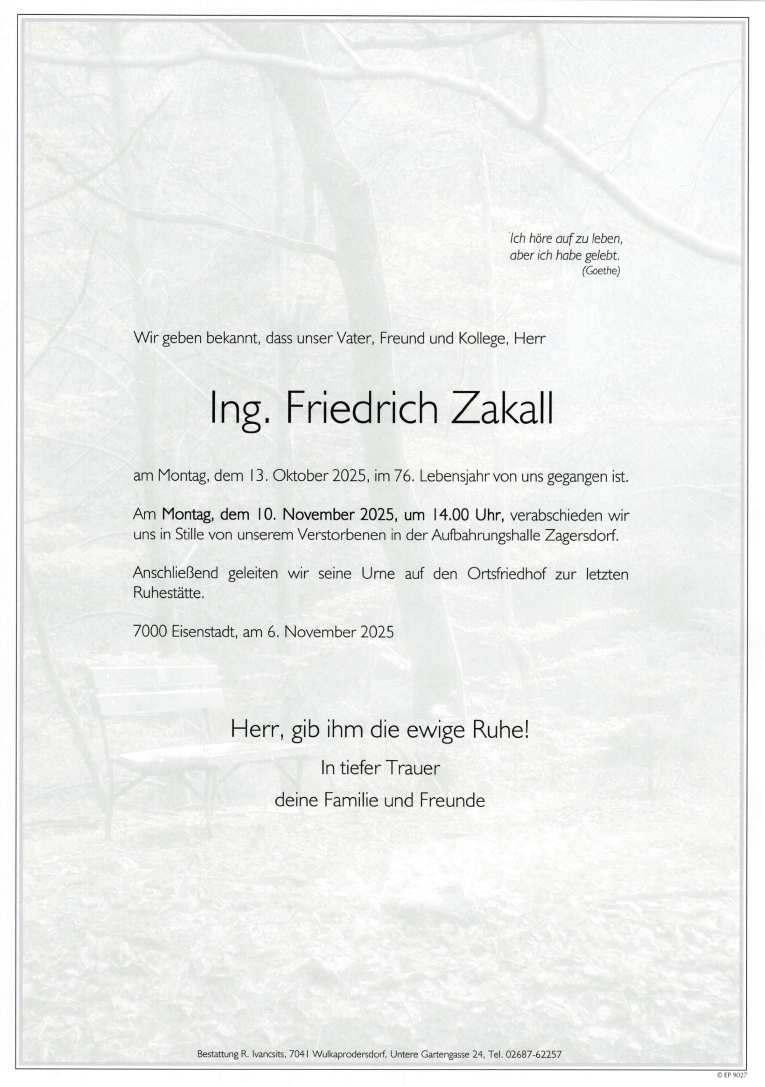 Traueranzeige von Ing. Friedrich Zakall
