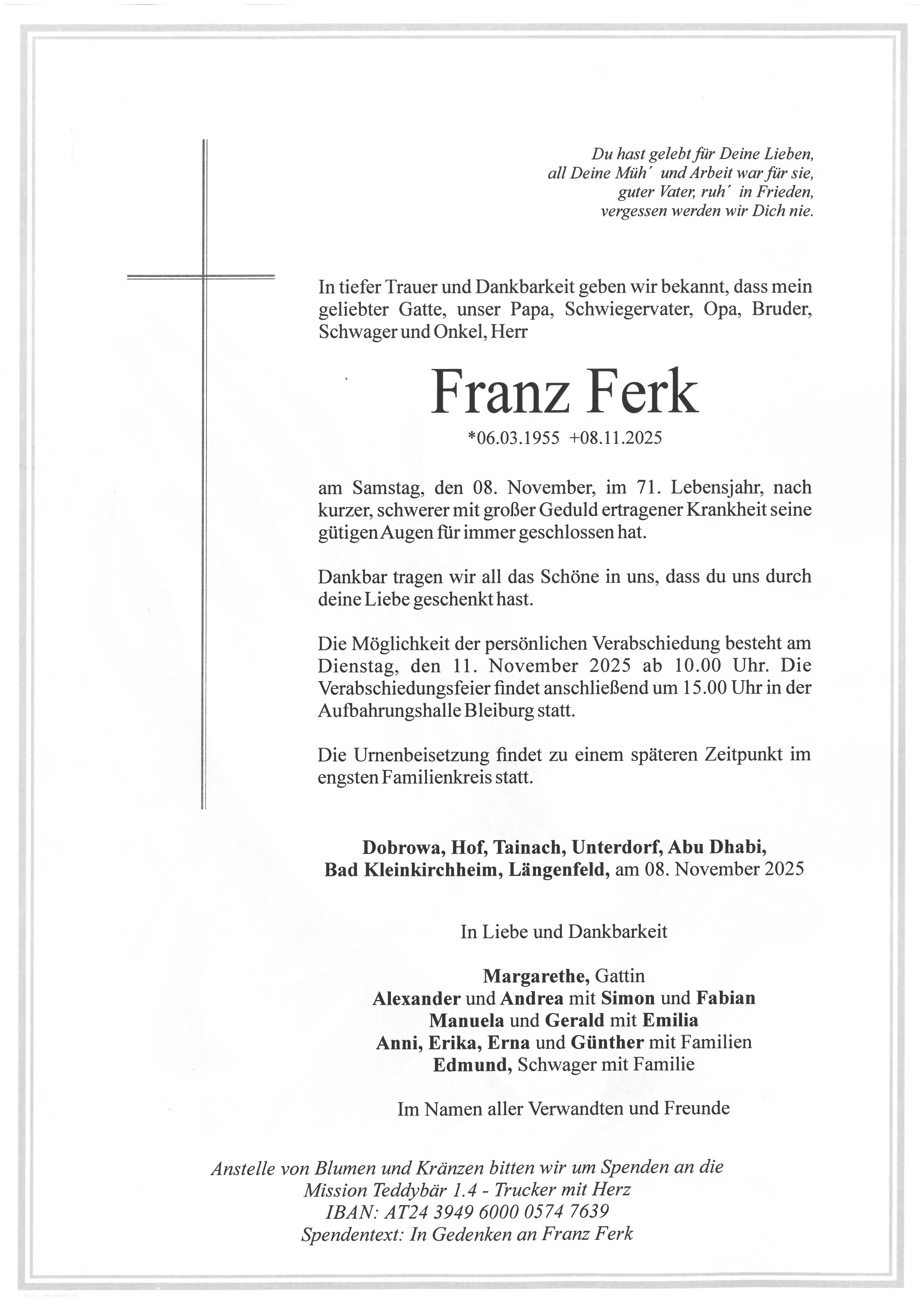 Traueranzeige von Franz Ferk