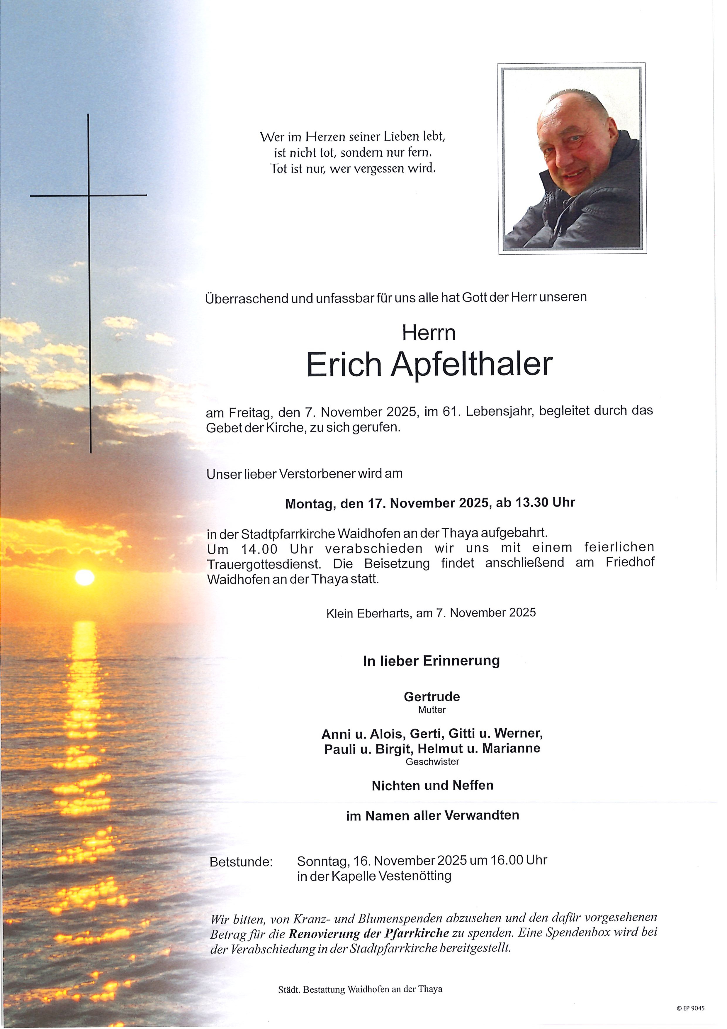 Traueranzeige von Erich Apfelthaler