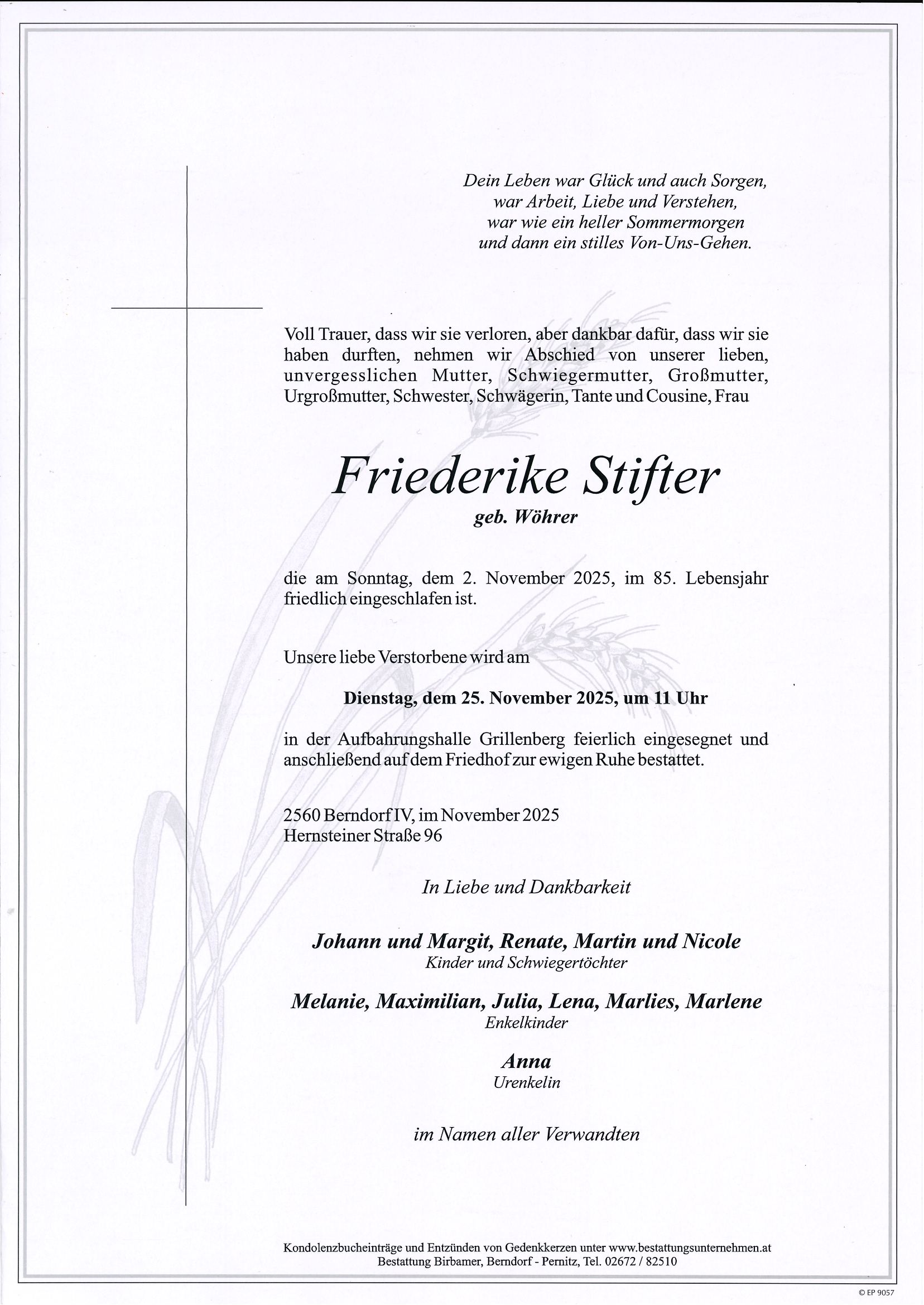 Traueranzeige von Friederike Stifter