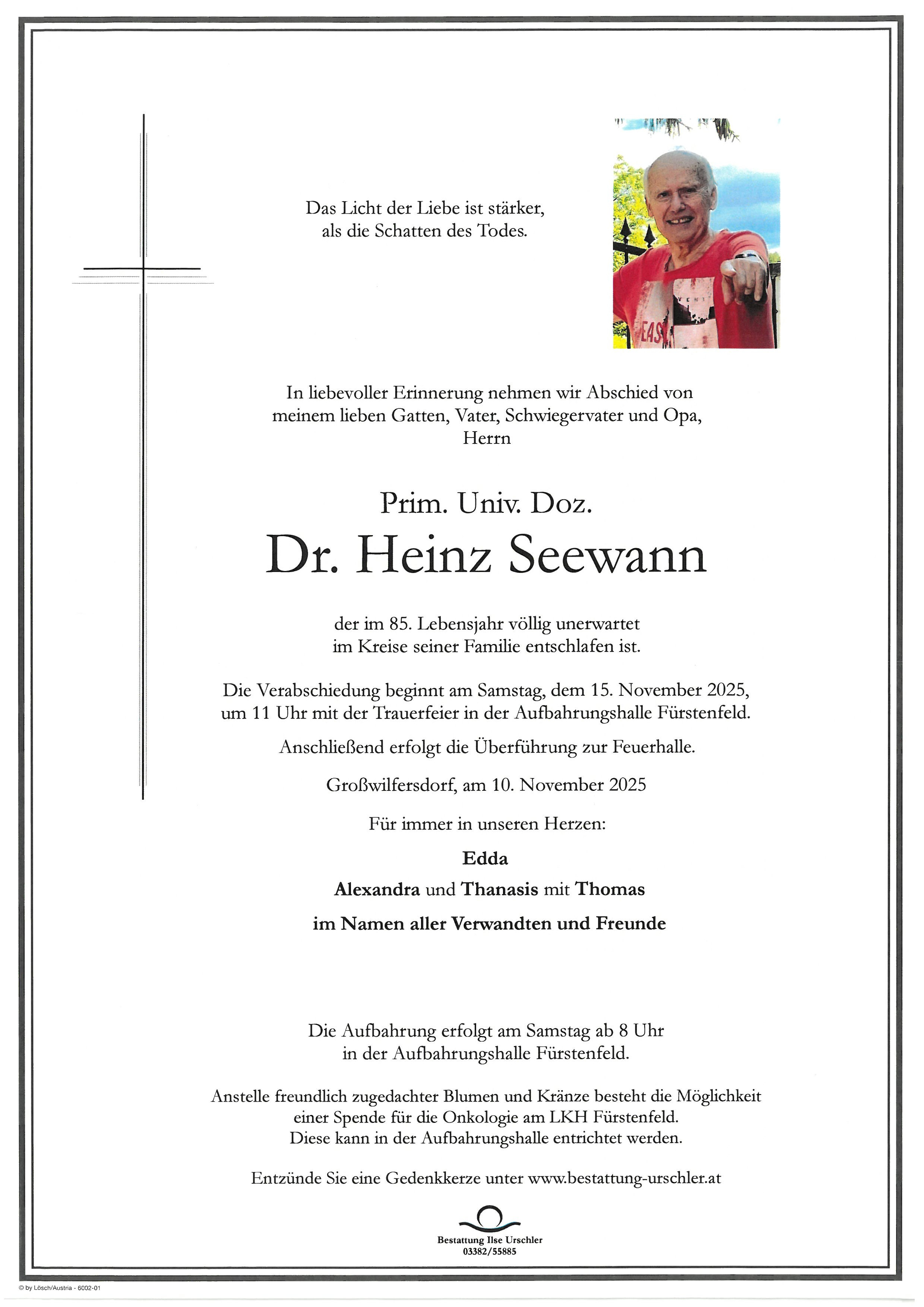 Traueranzeige von Prim. Univ. Doz. Dr. Heinz Seewann