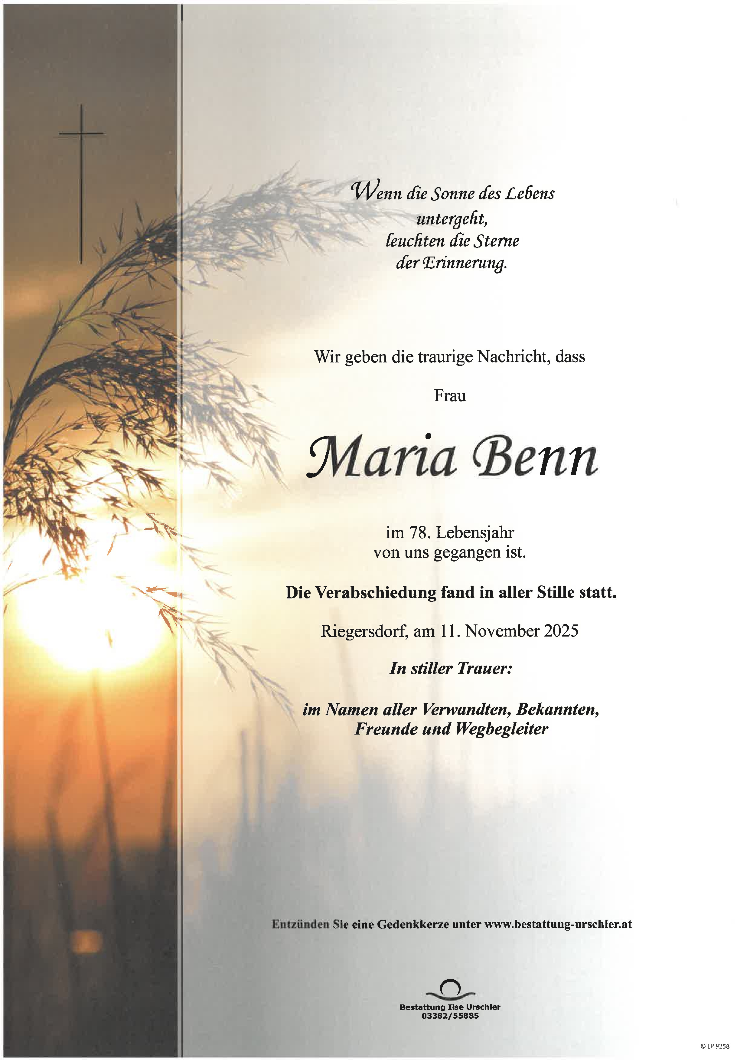 Traueranzeige von Maria Benn
