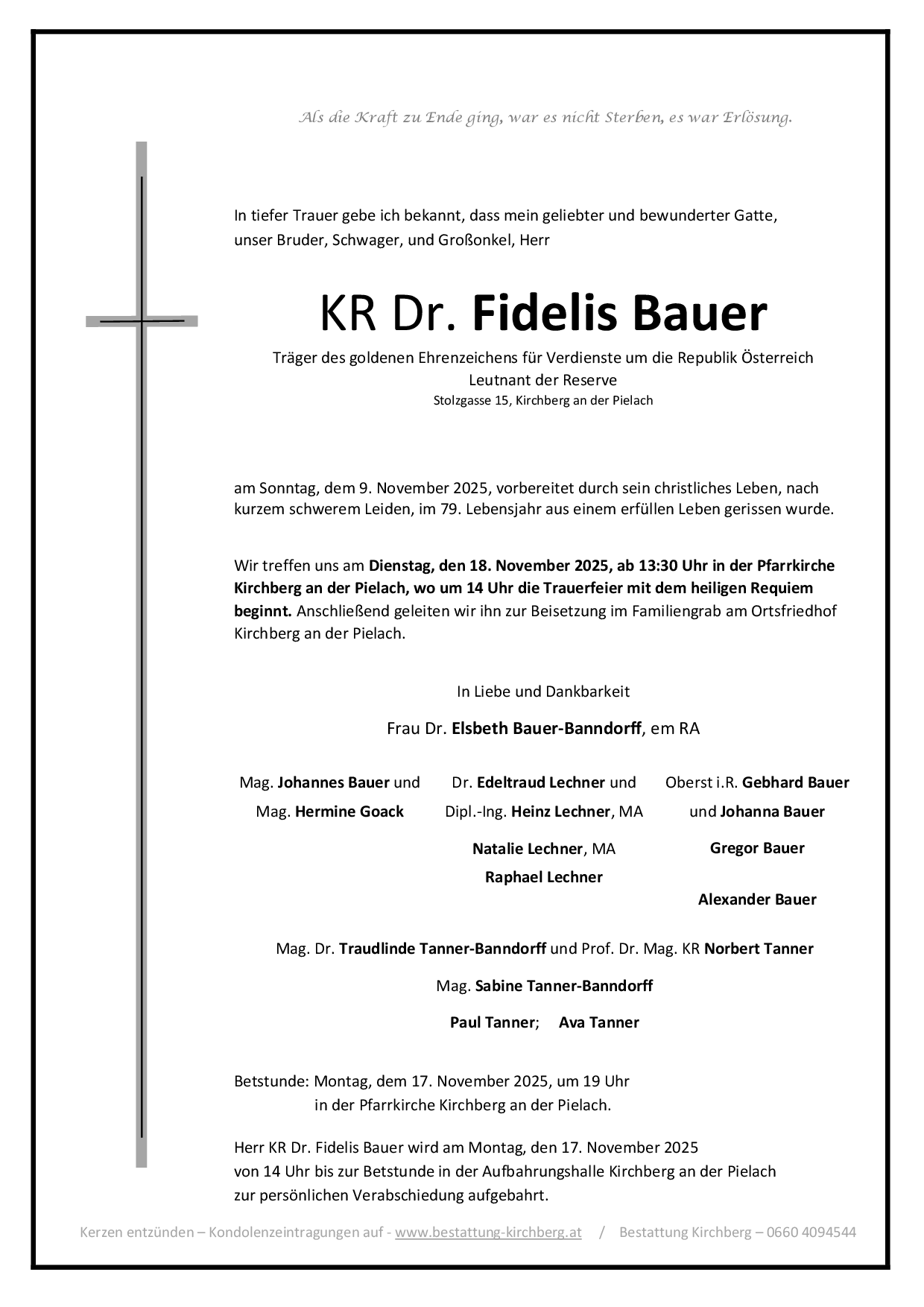 Traueranzeige von Kr Dr. Fidelis Bauer