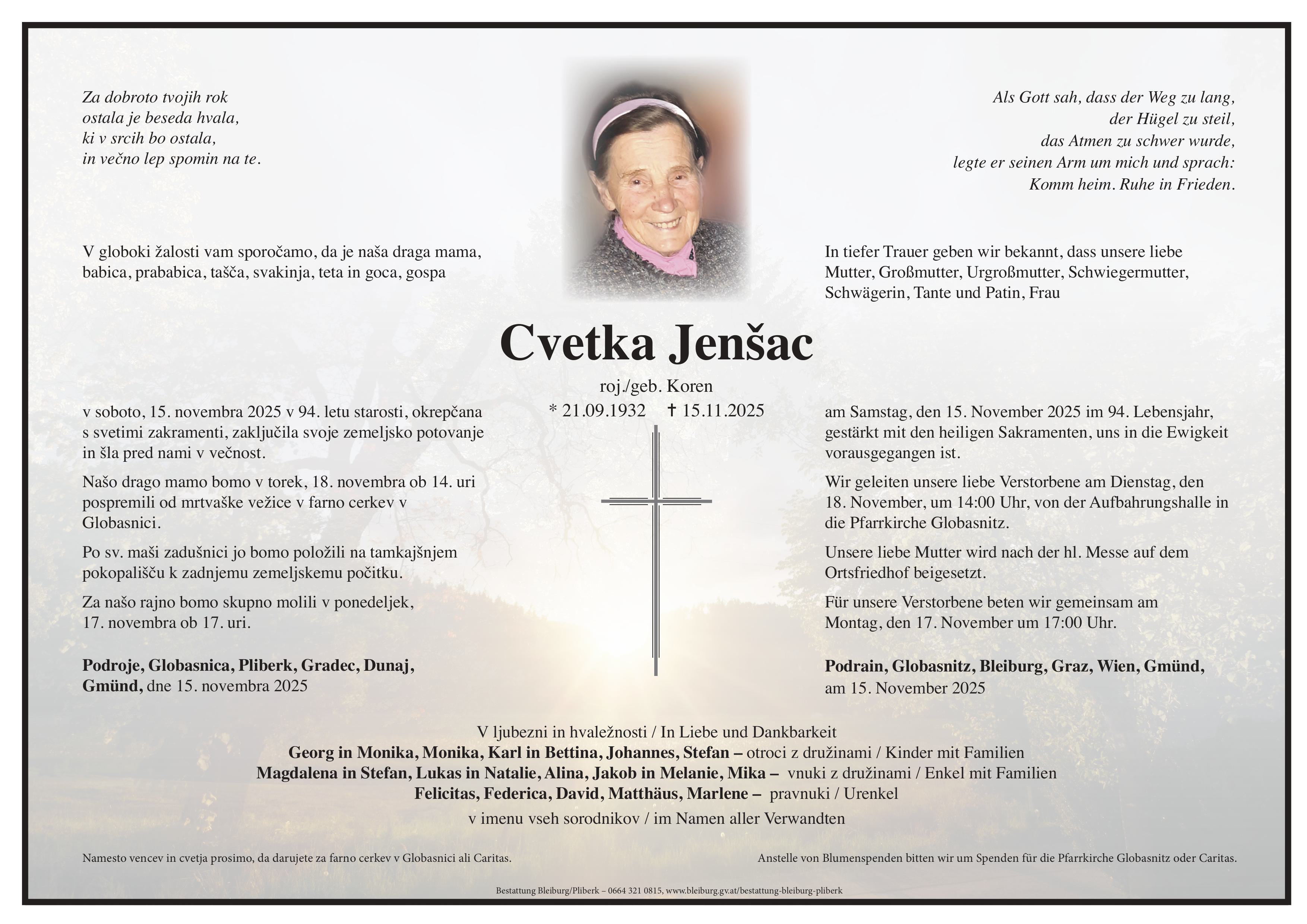 Traueranzeige von Cvetka Jenšac