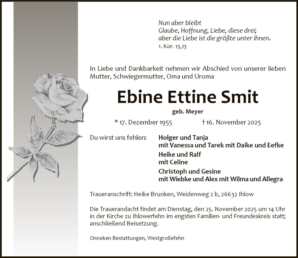 Traueranzeige von Ebine Ettine Smit