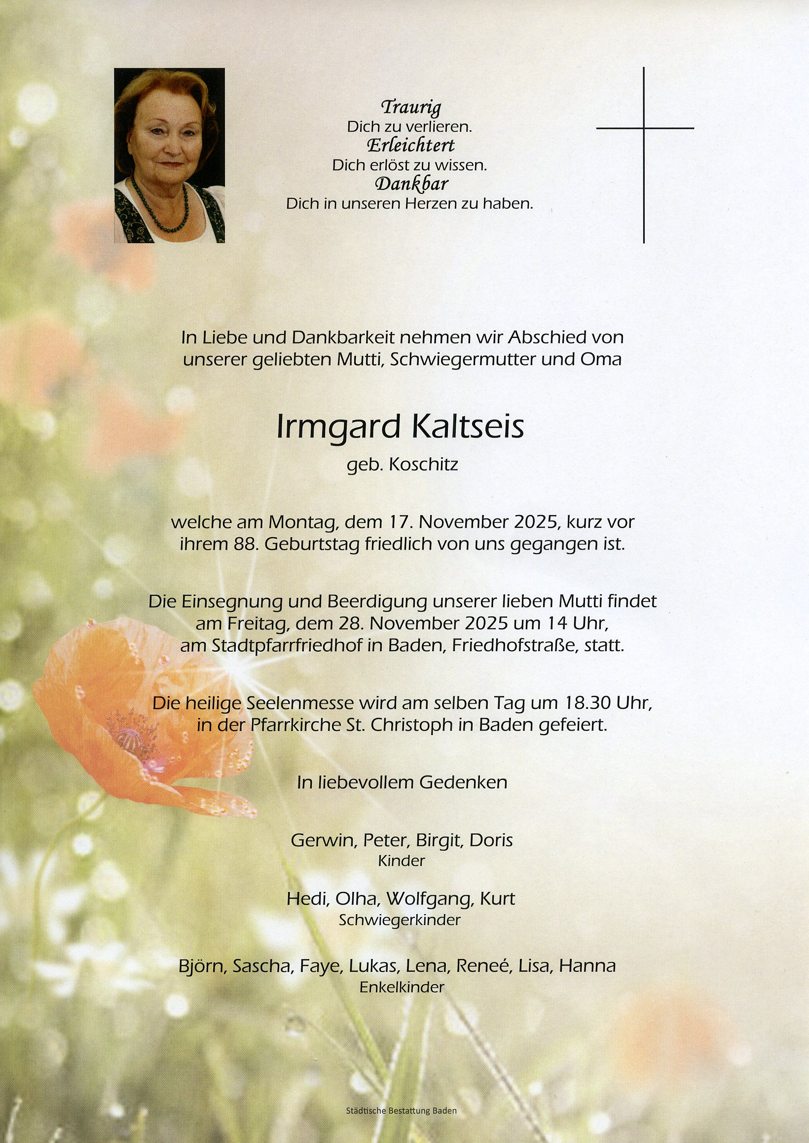 Traueranzeige von Irmgard Kaltseis