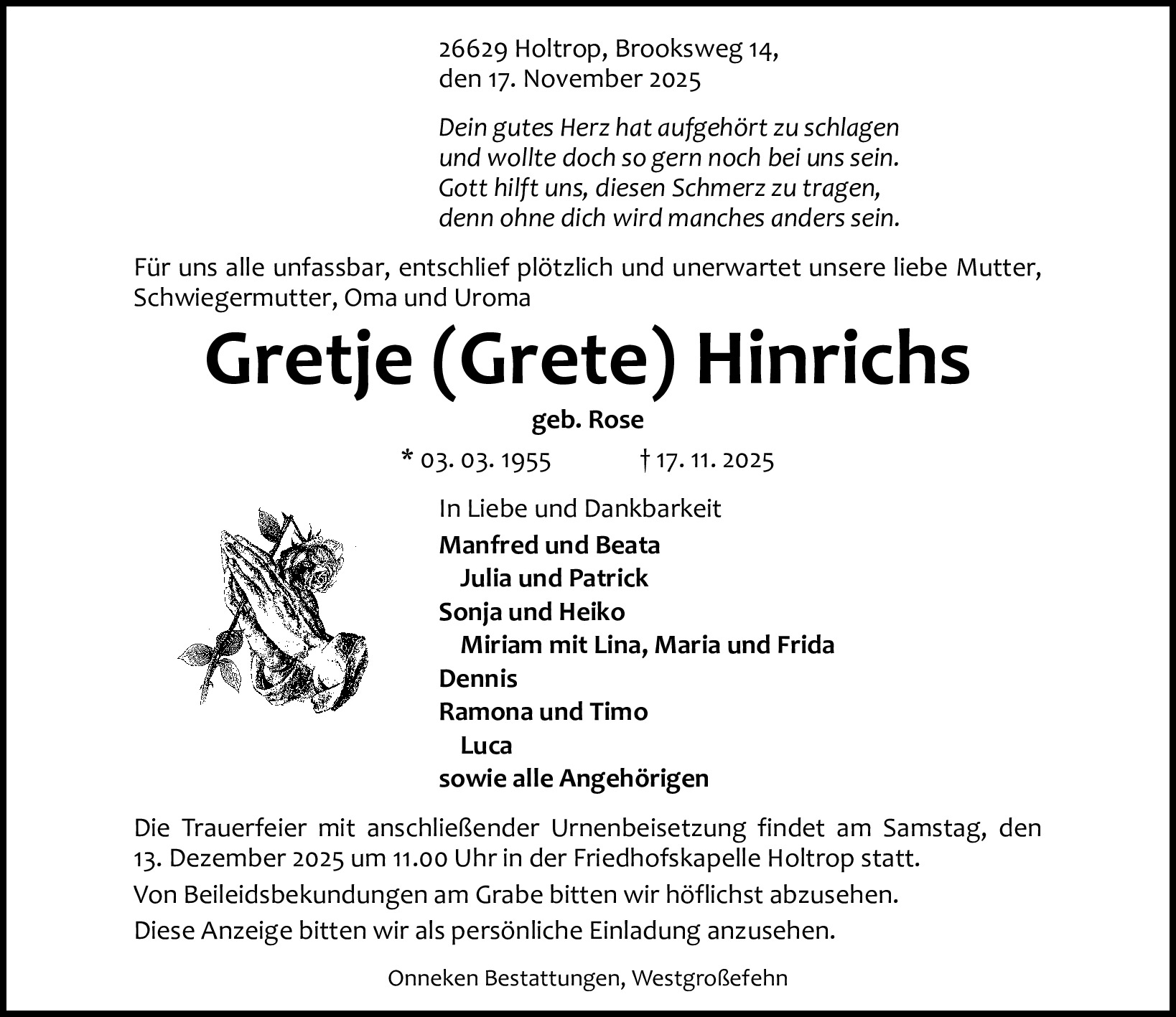 Traueranzeige von Gretje (Grete) Hinrichs