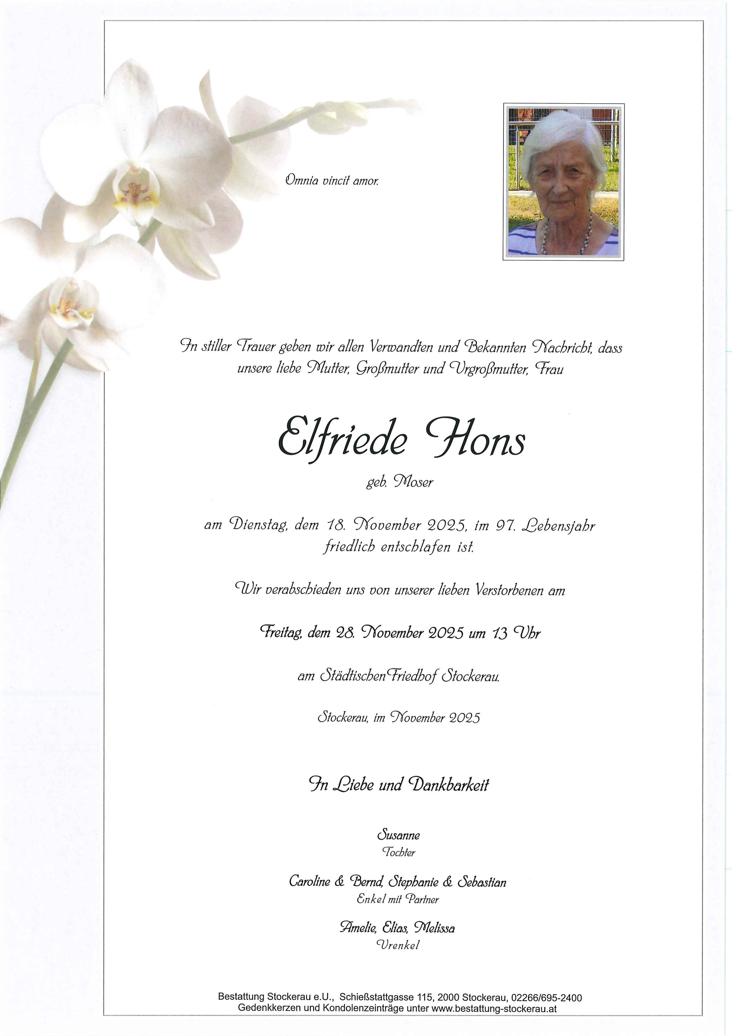 Traueranzeige von Elfriede Hons