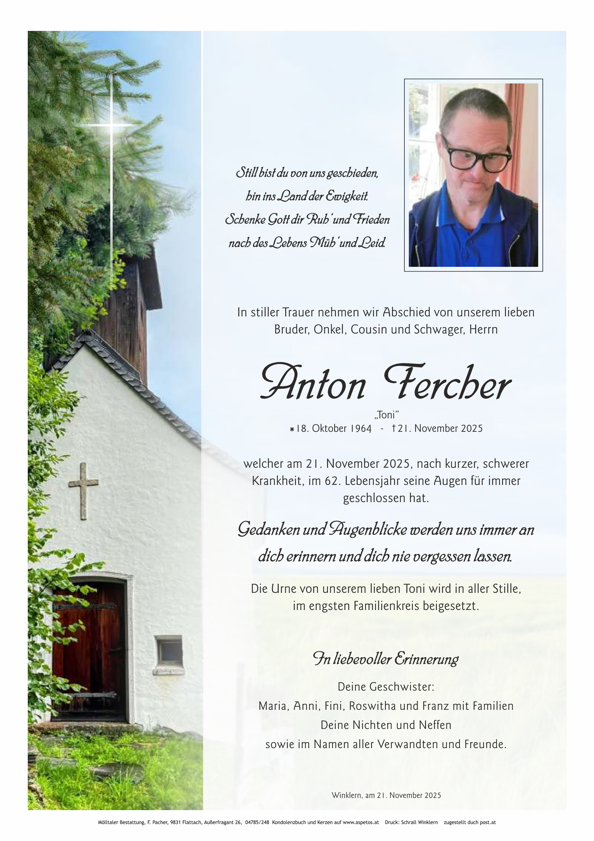 Traueranzeige von Anton Fercher