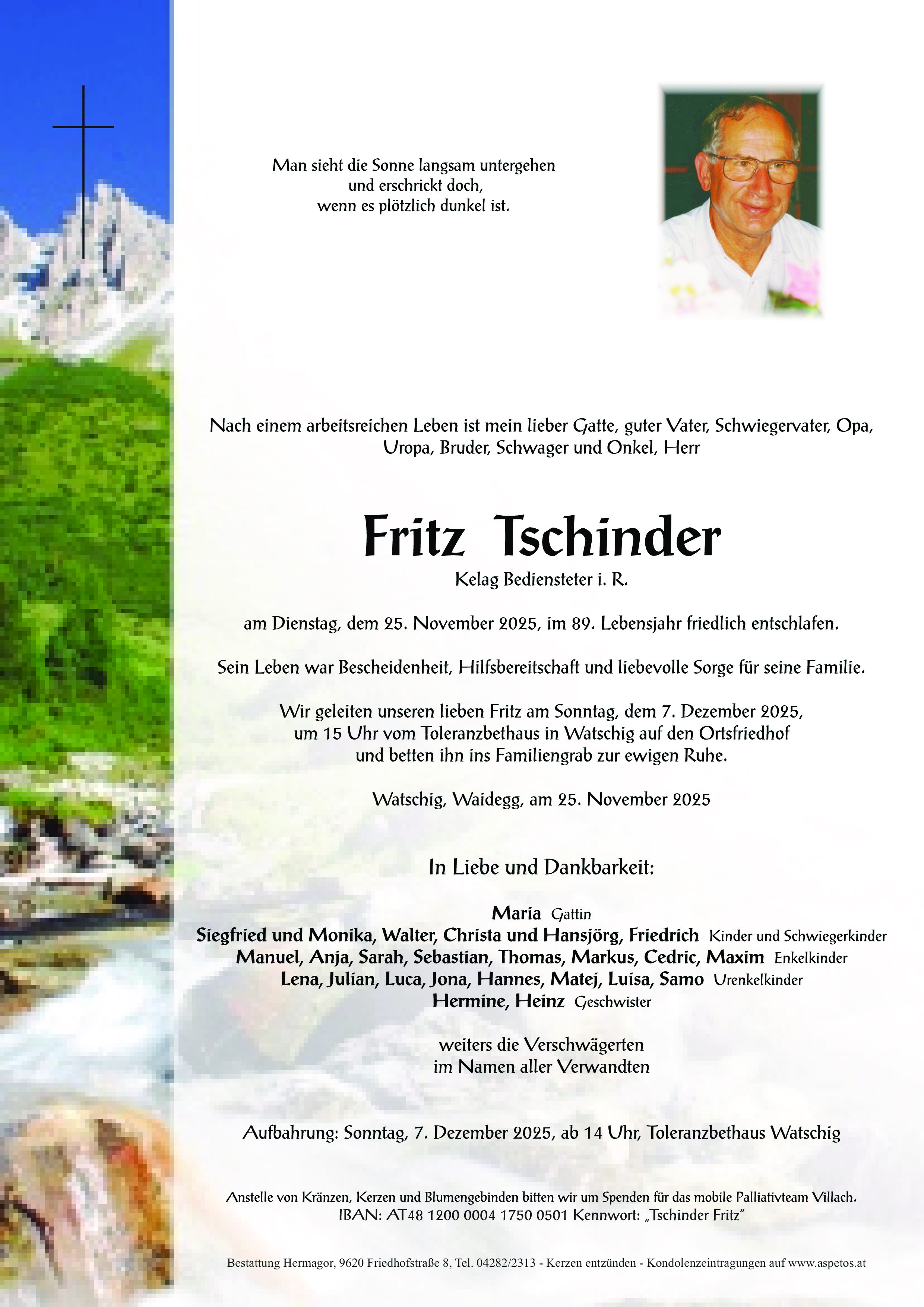 Traueranzeige von Fritz Tschinder