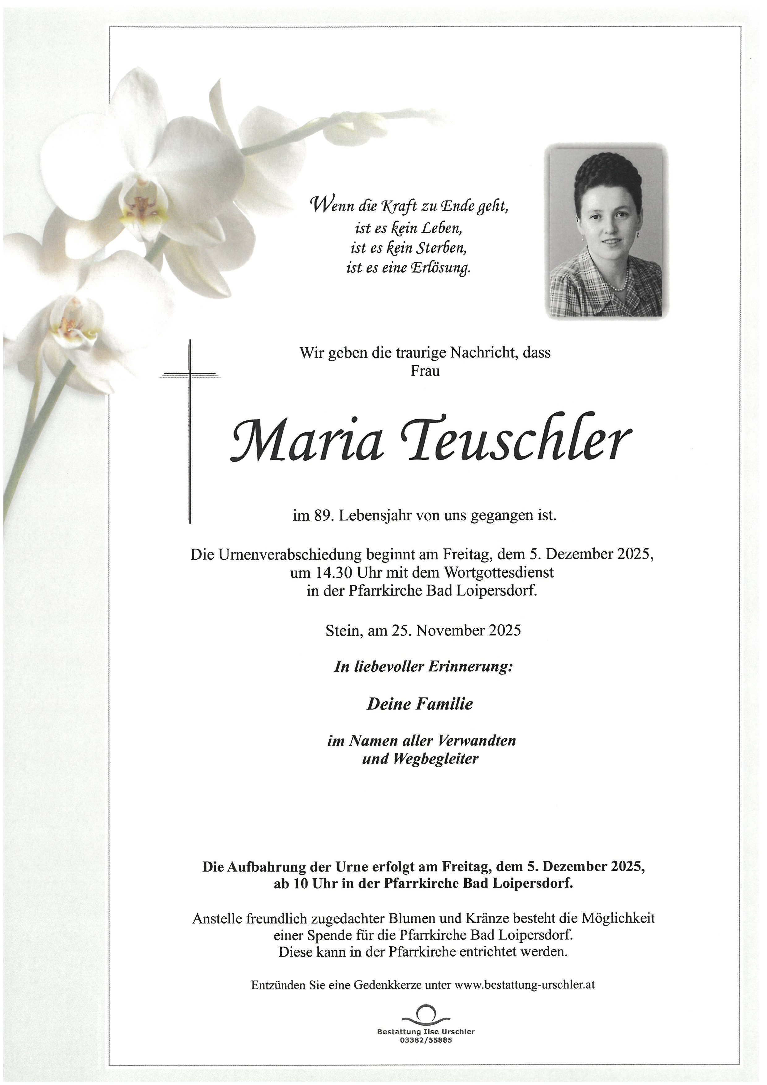 Traueranzeige von Maria Teuschler