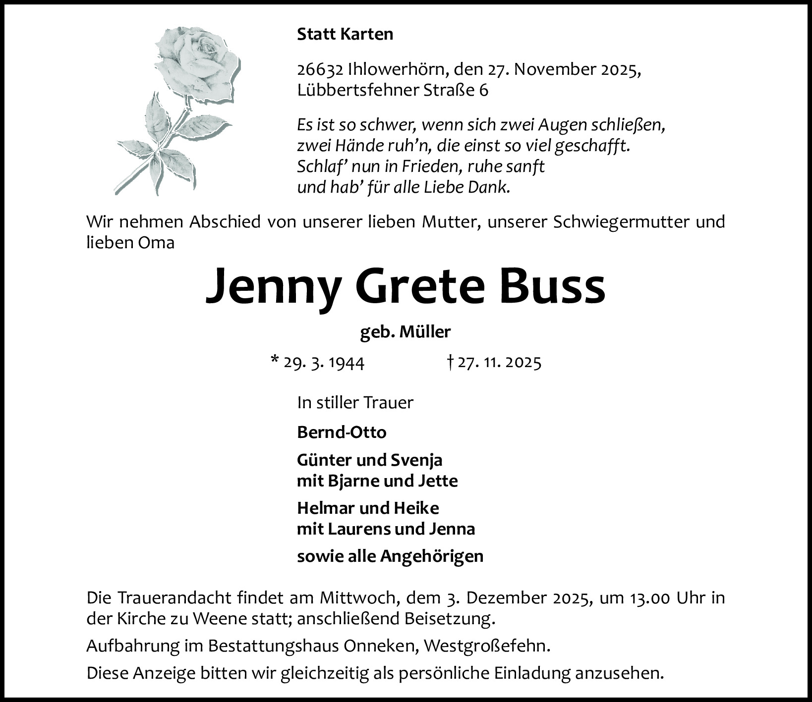 Traueranzeige von Jenny Grete Buss