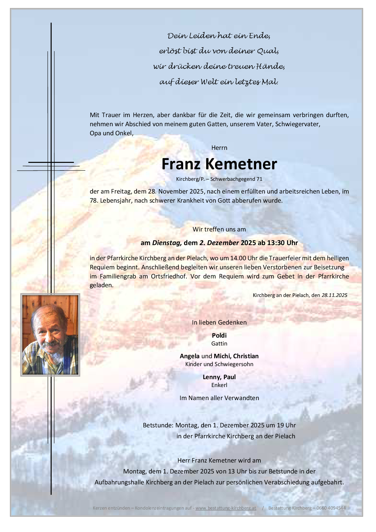 Traueranzeige von Franz Kemetner