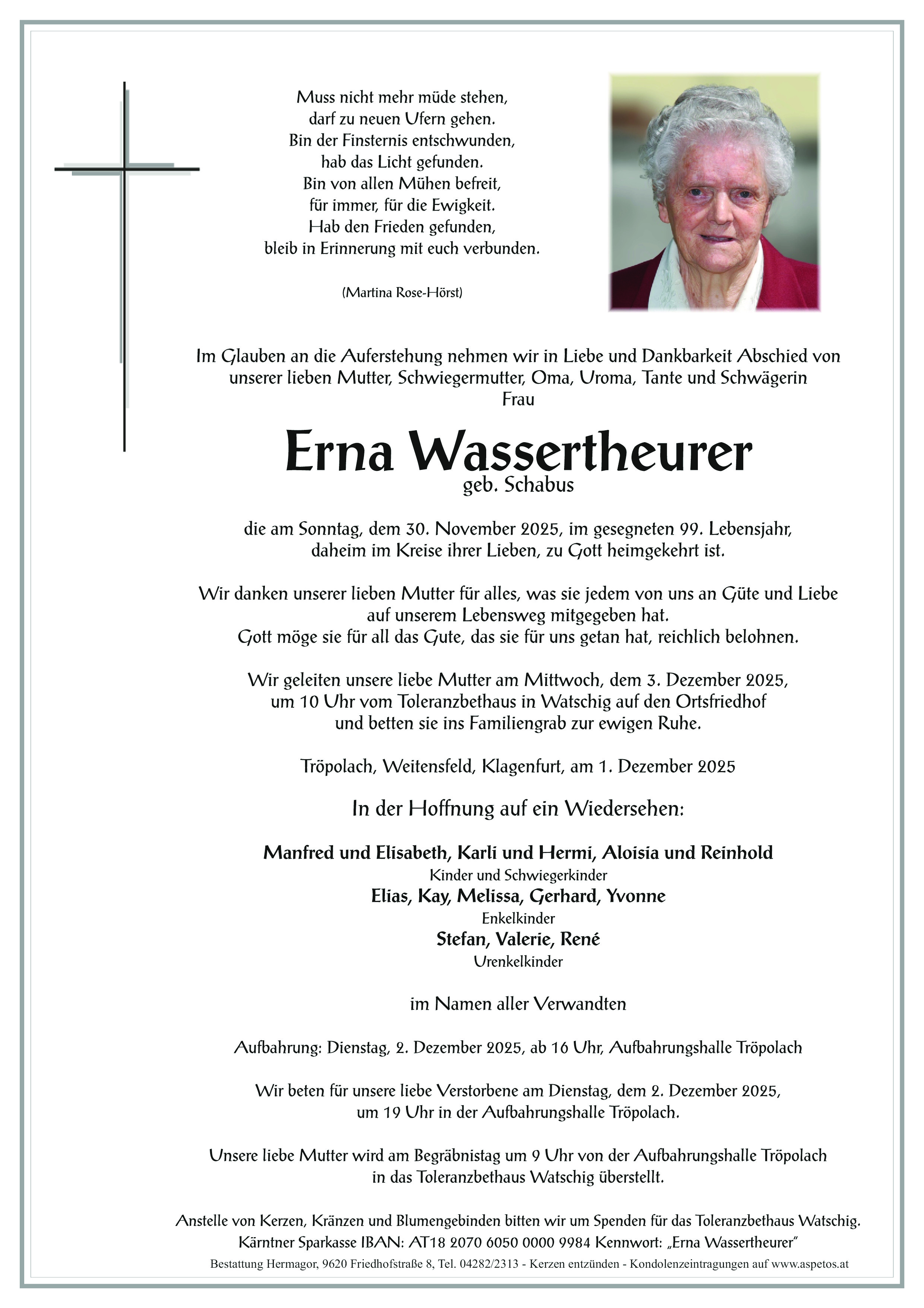 Traueranzeige von Erna Wassertheurer