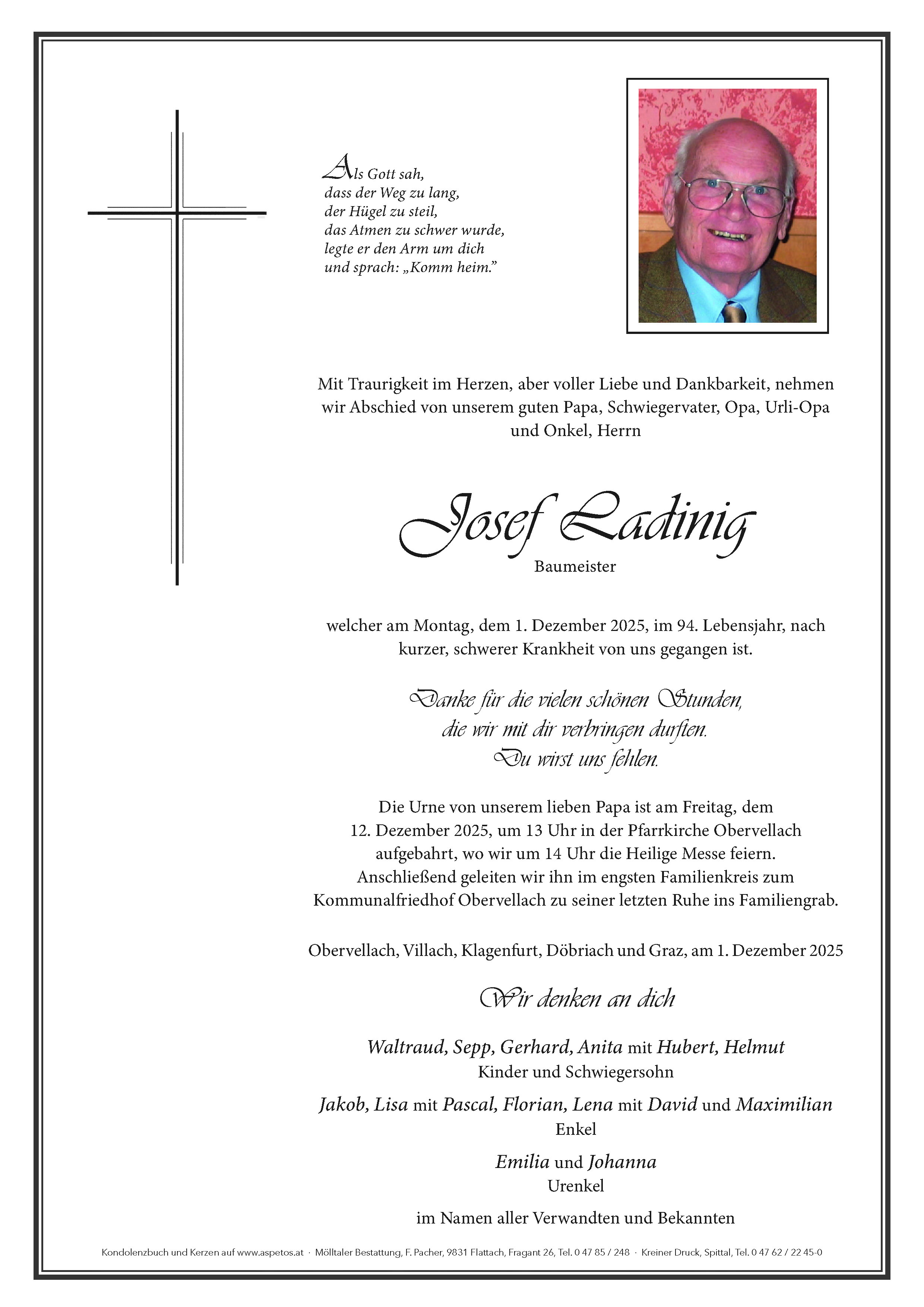 Traueranzeige von Josef Ladinig