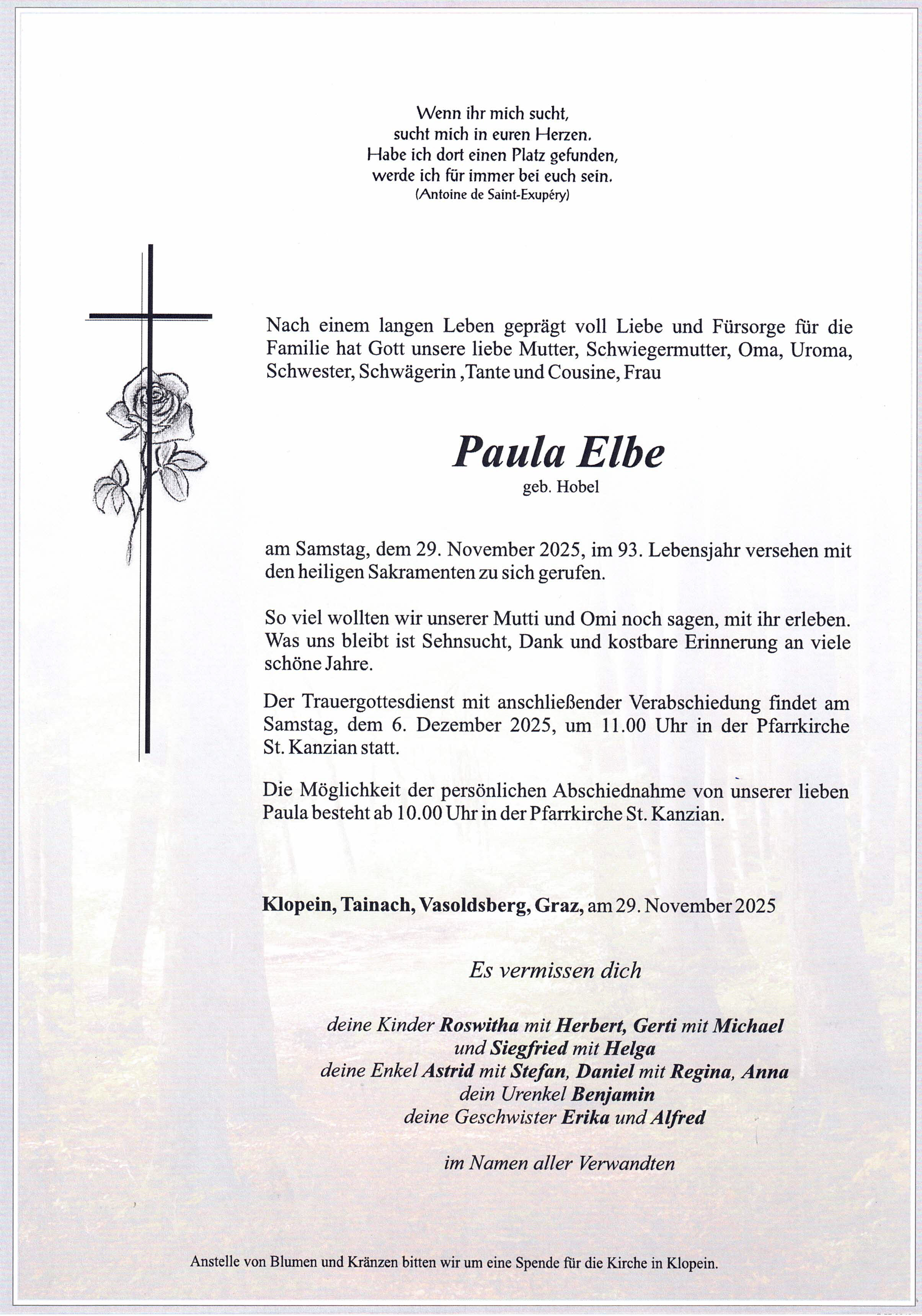 Traueranzeige von Paula Elbe