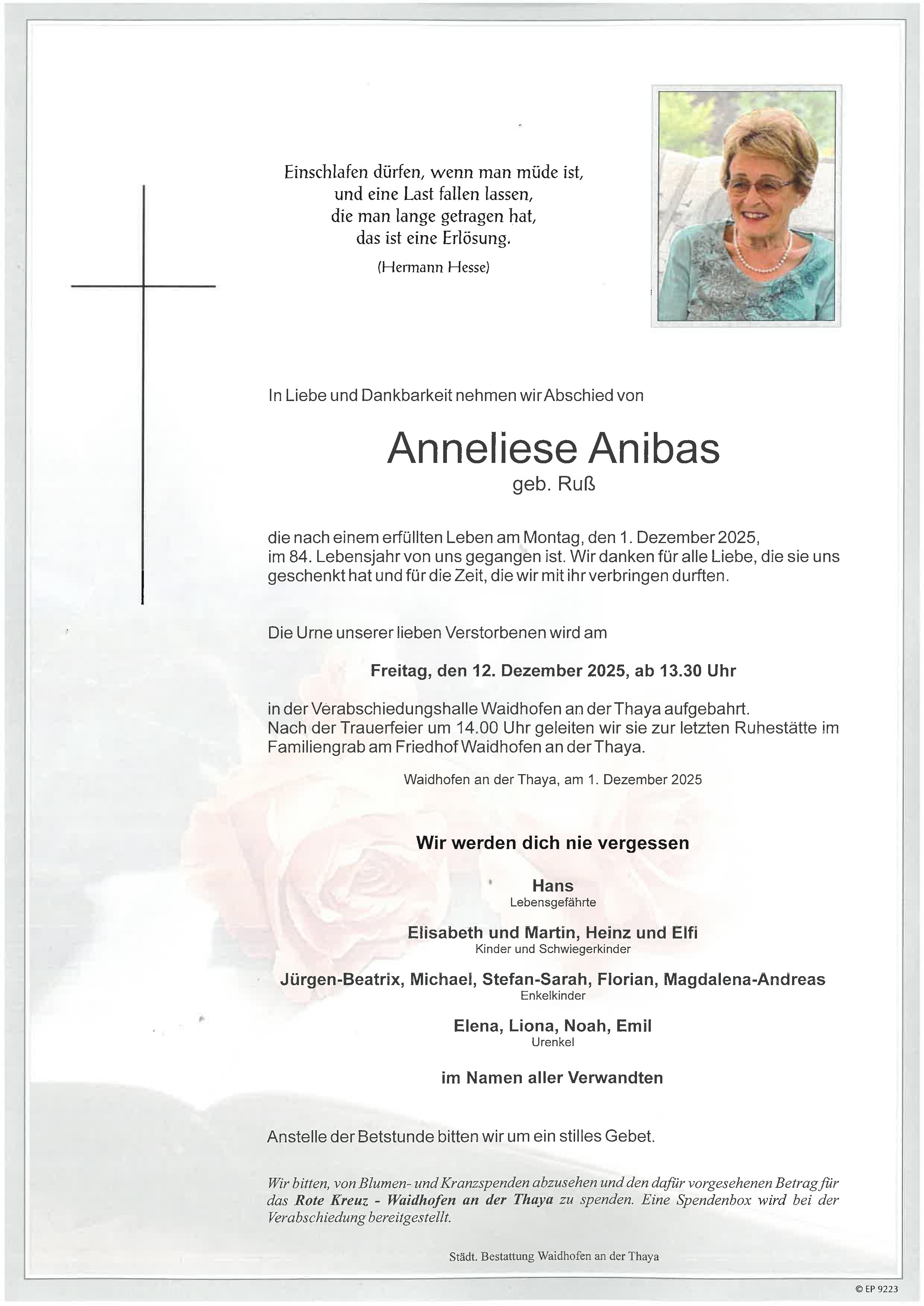 Traueranzeige von Anneliese Anibas