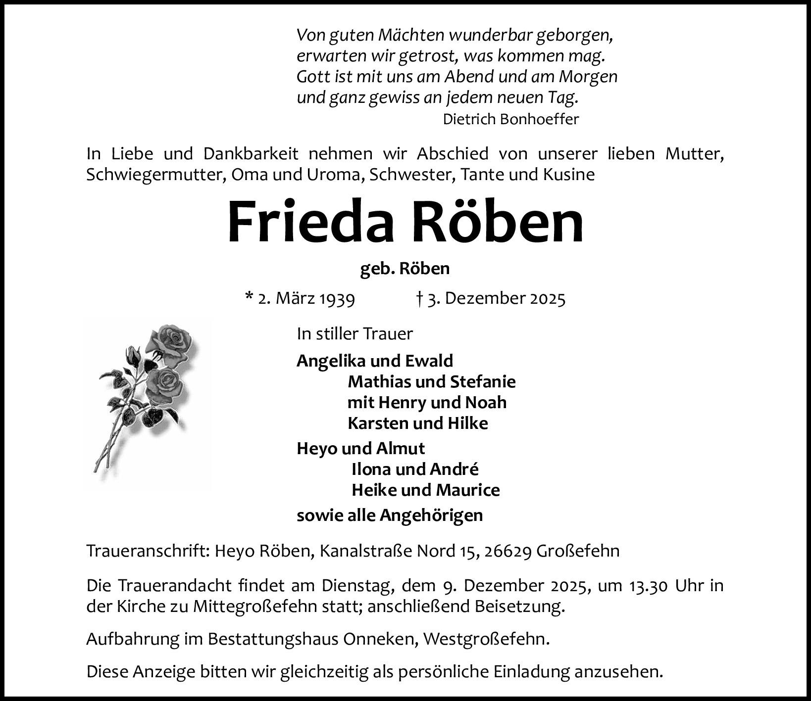 Traueranzeige von Frieda Röben