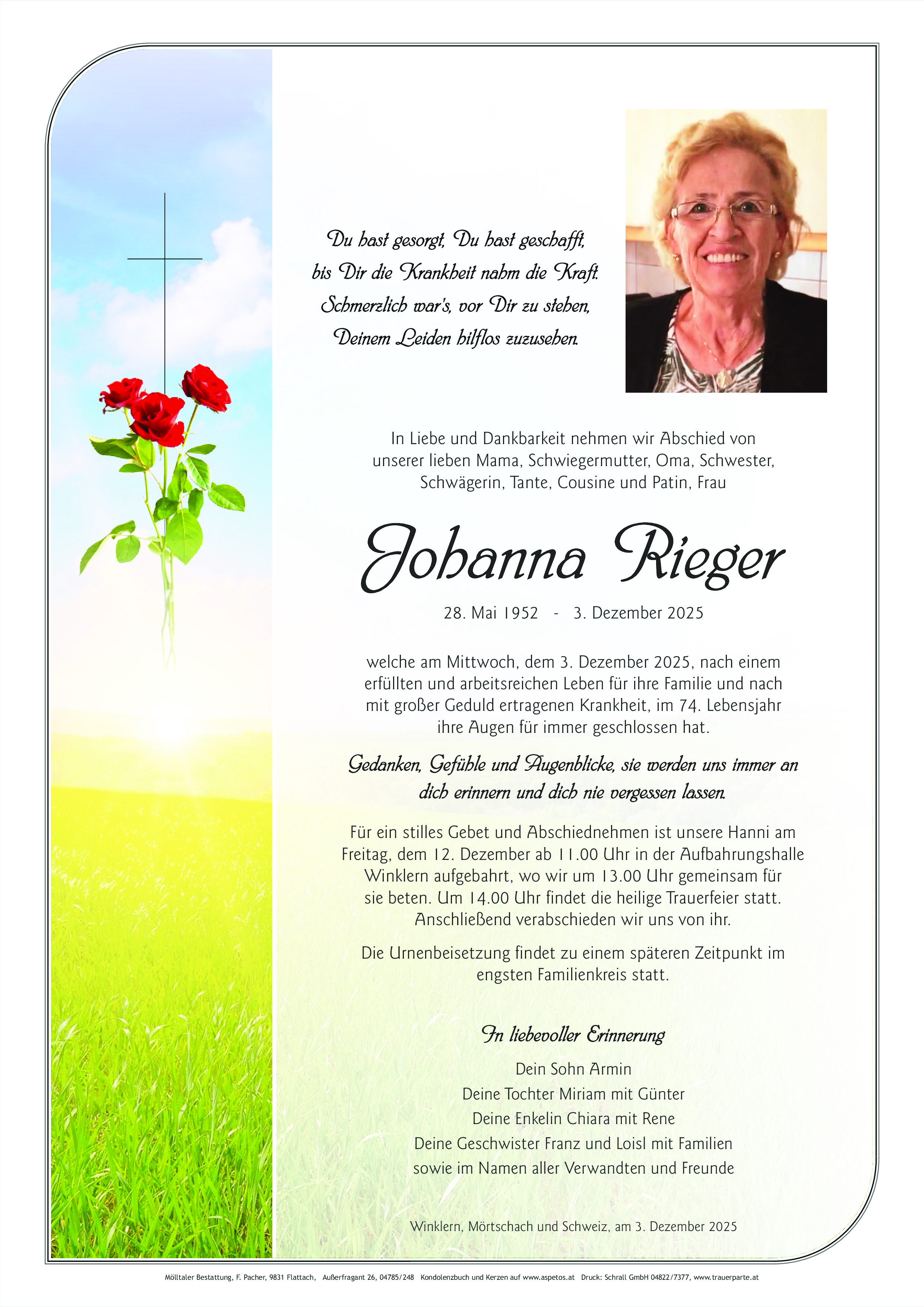 Traueranzeige von Johanna Rieger