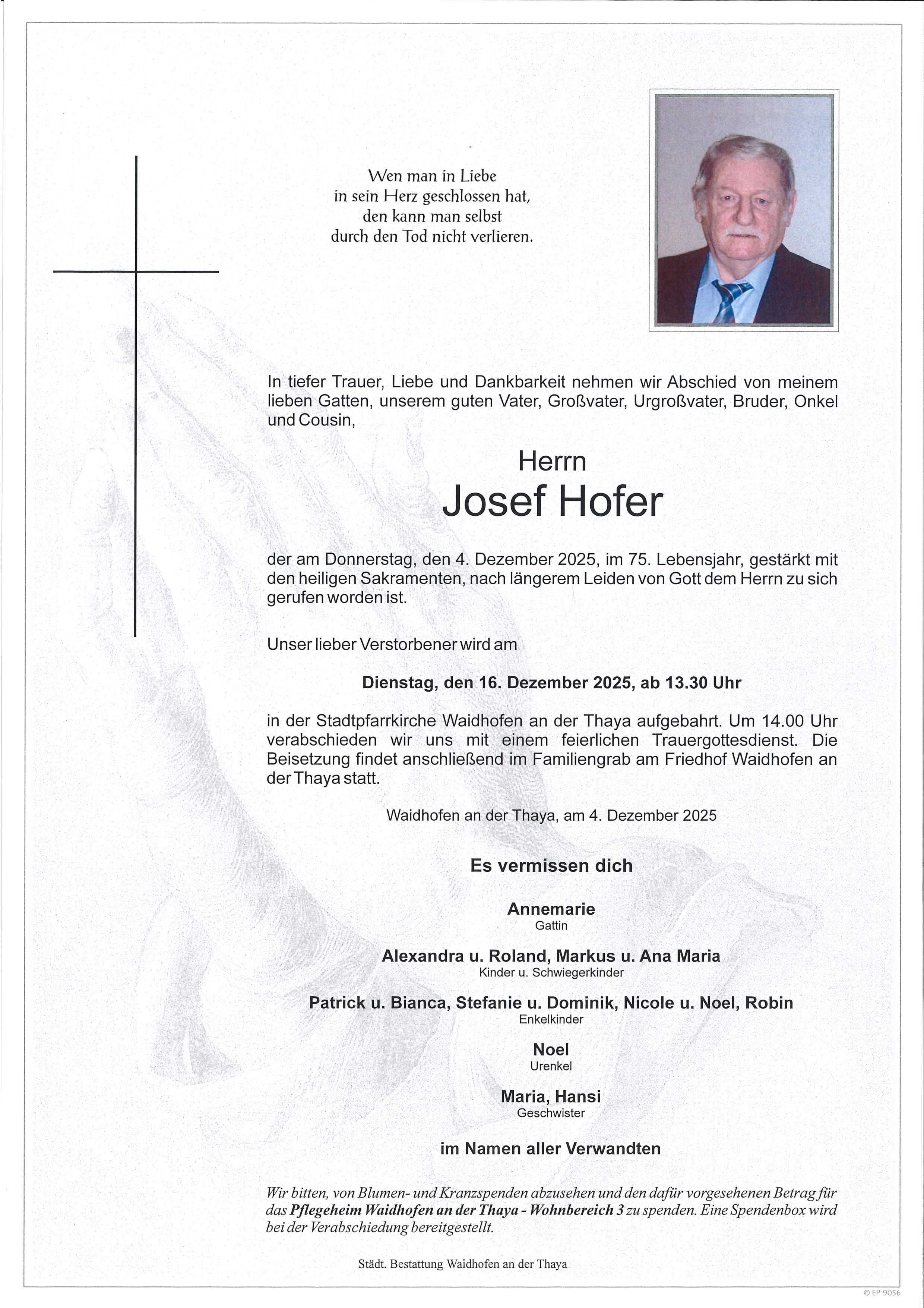 Traueranzeige von Josef Hofer