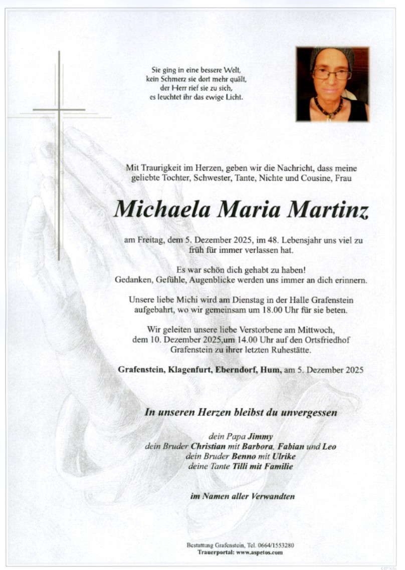 Traueranzeige von Michaela Maria Martinz