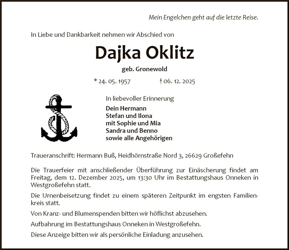 Traueranzeige von Dajka Oklitz