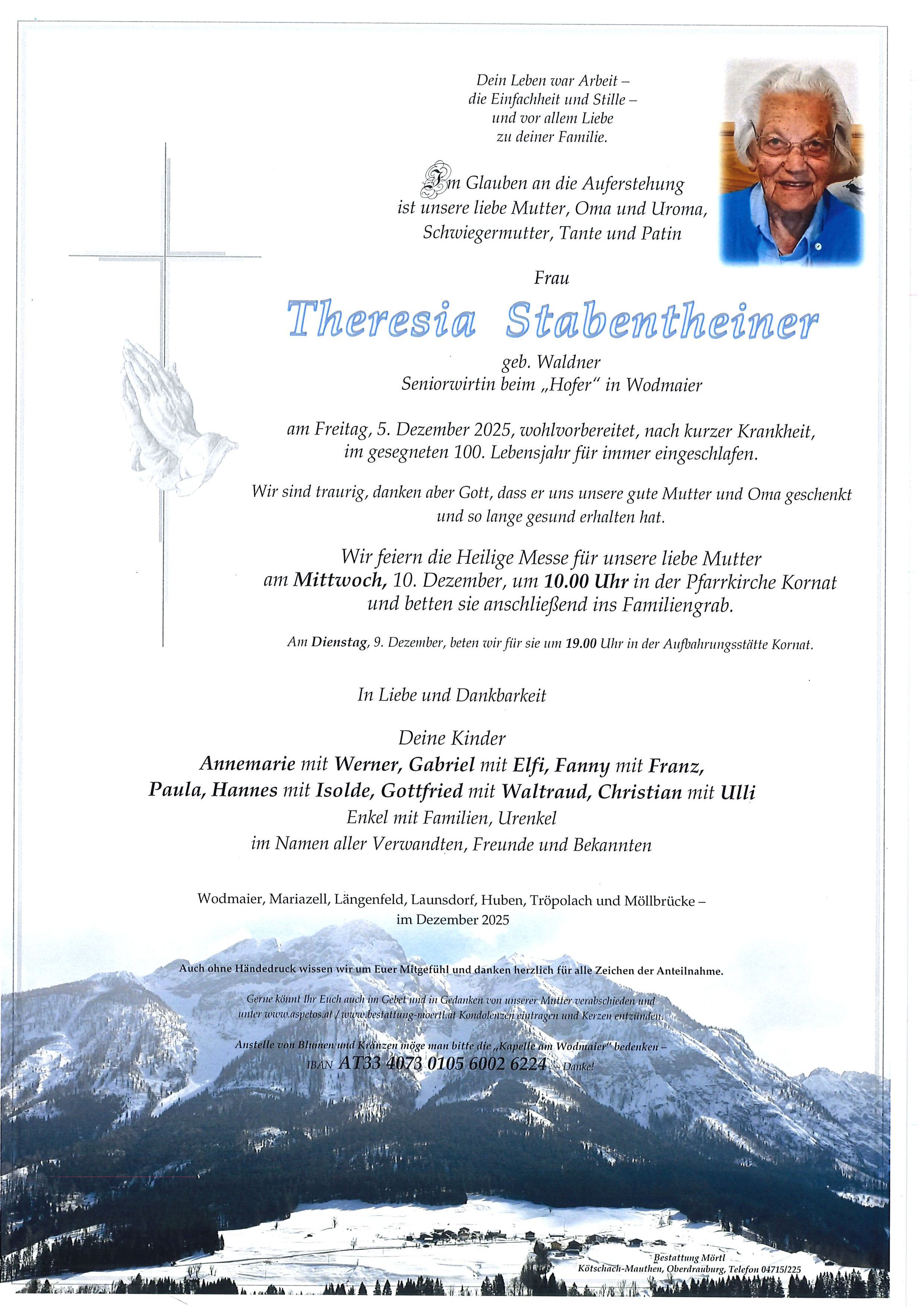 Traueranzeige von Theresia Stabentheiner