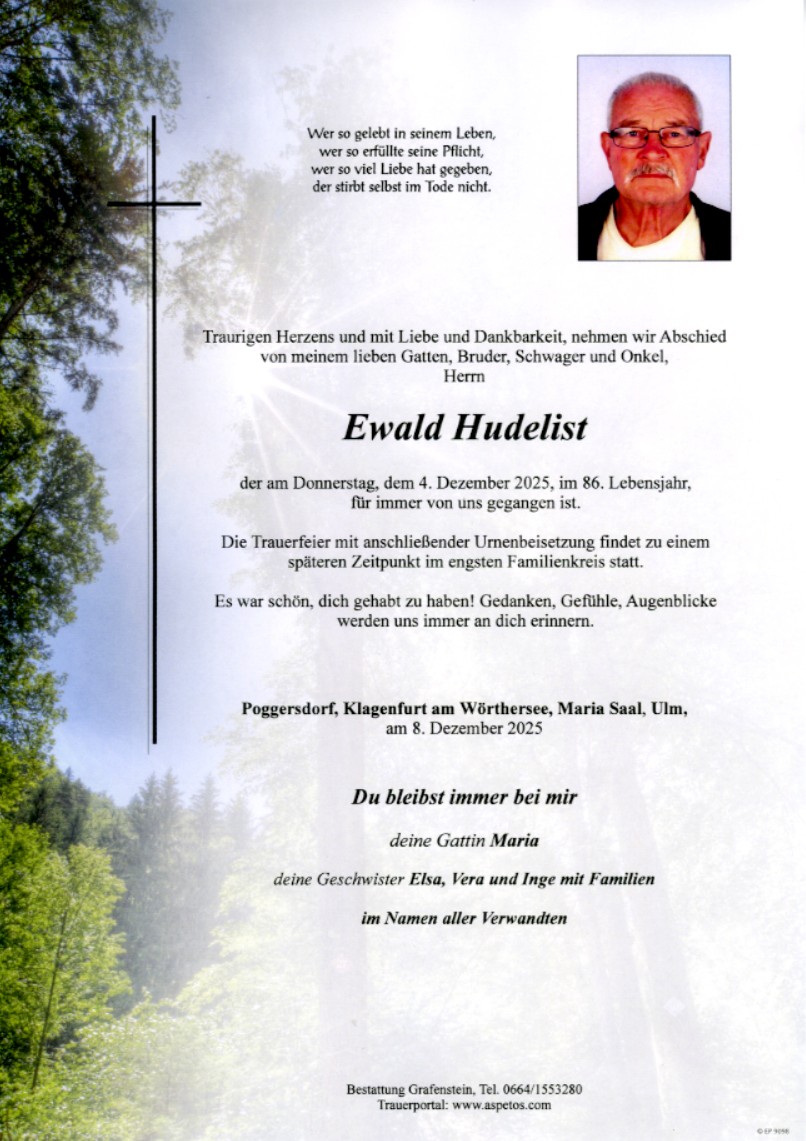Traueranzeige von Ewald Hudelist
