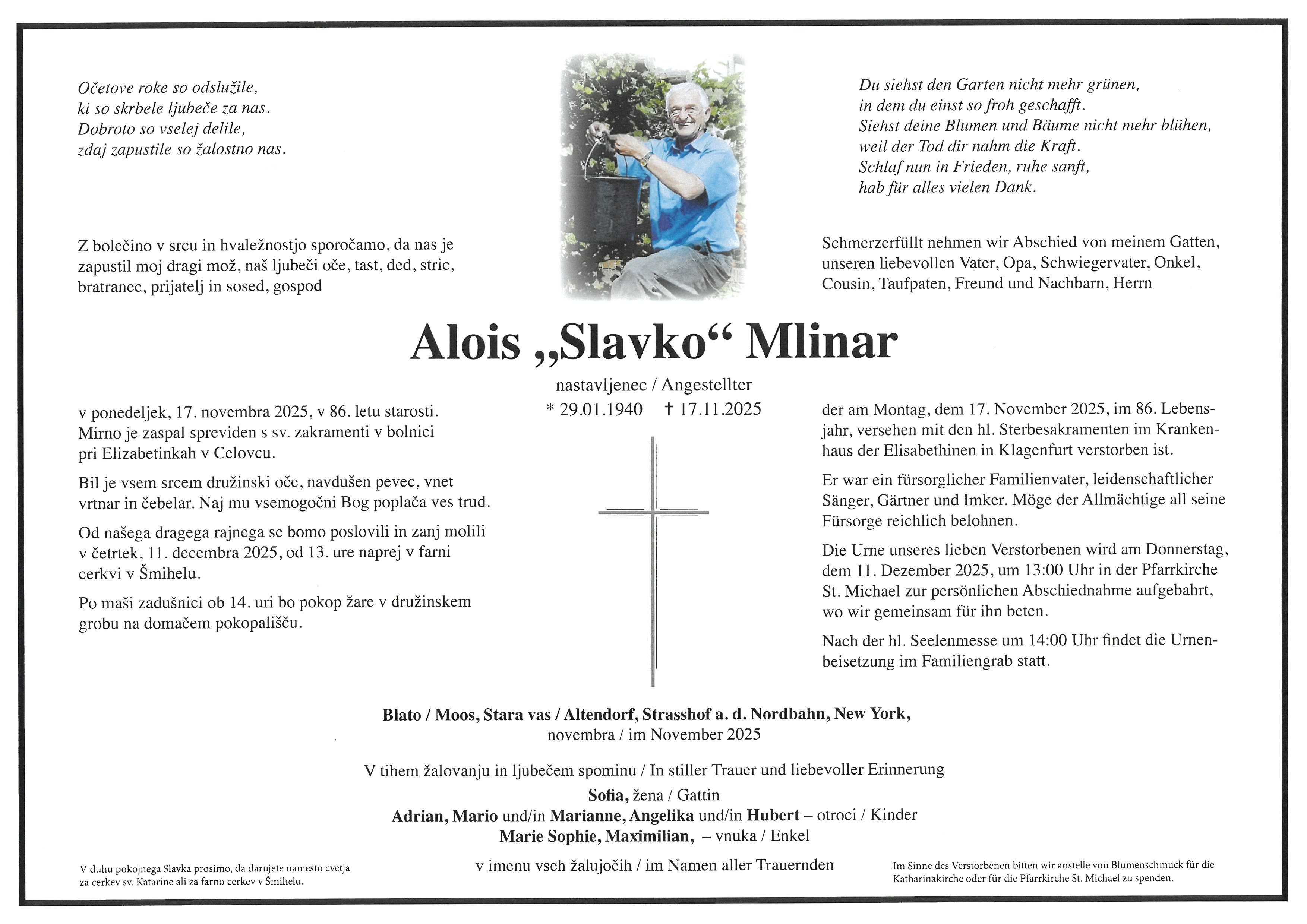 Traueranzeige von Alois "Slavko" Mlinar