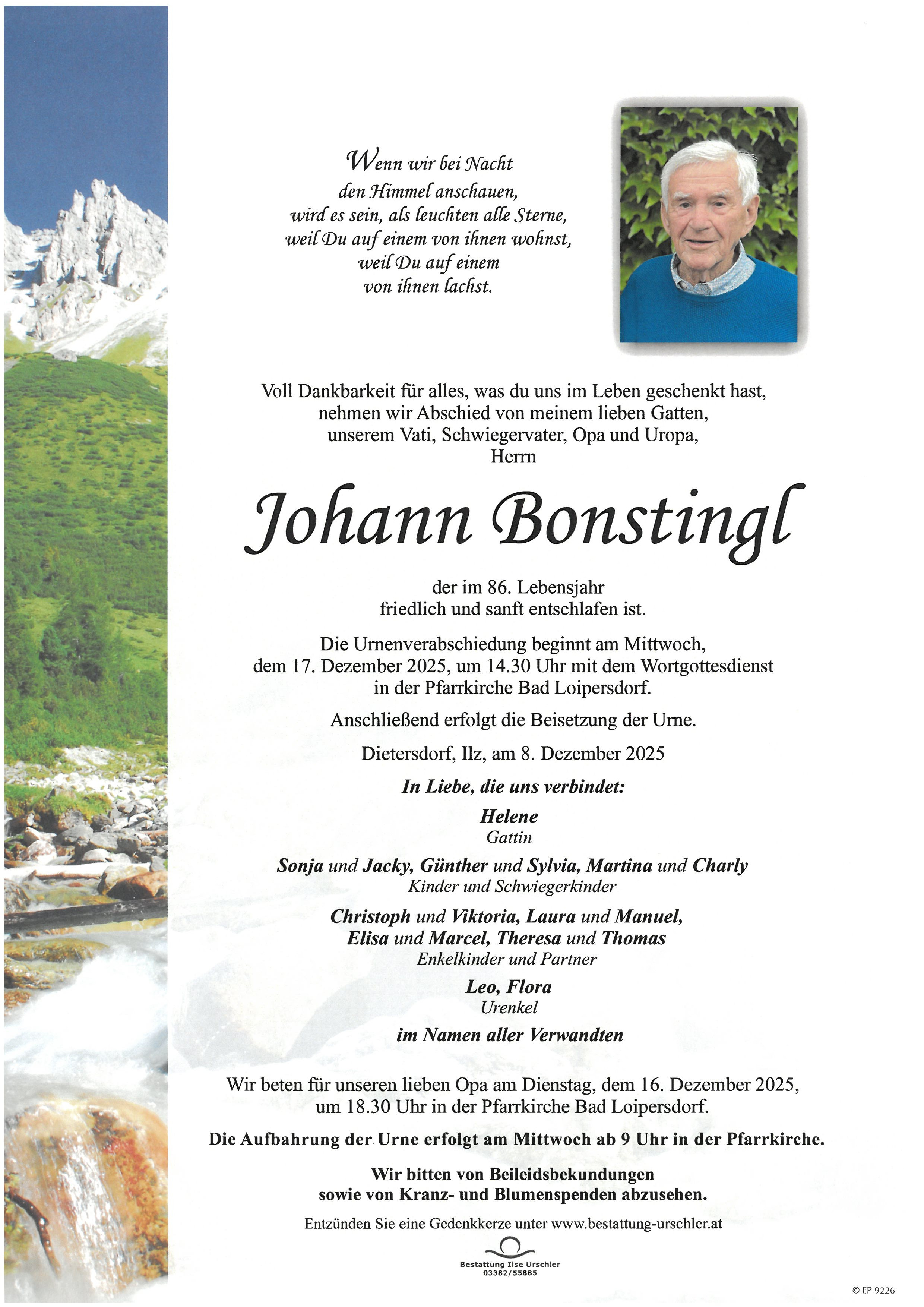Traueranzeige von Johann Bonstingl