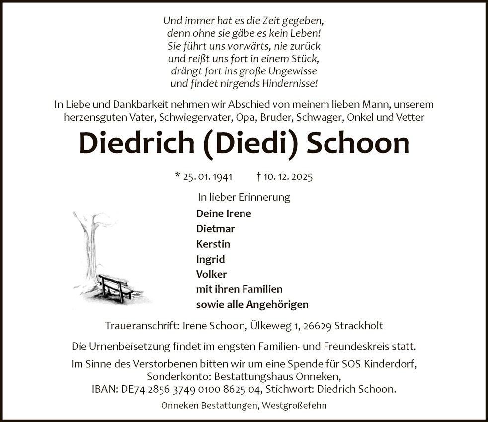 Traueranzeige von Diedrich (Diedi) Schoon