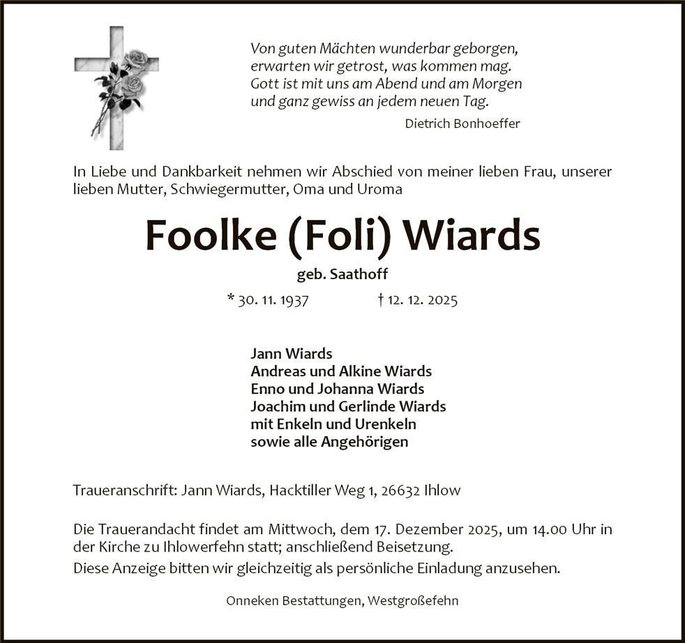 Traueranzeige von Foolke Wiards