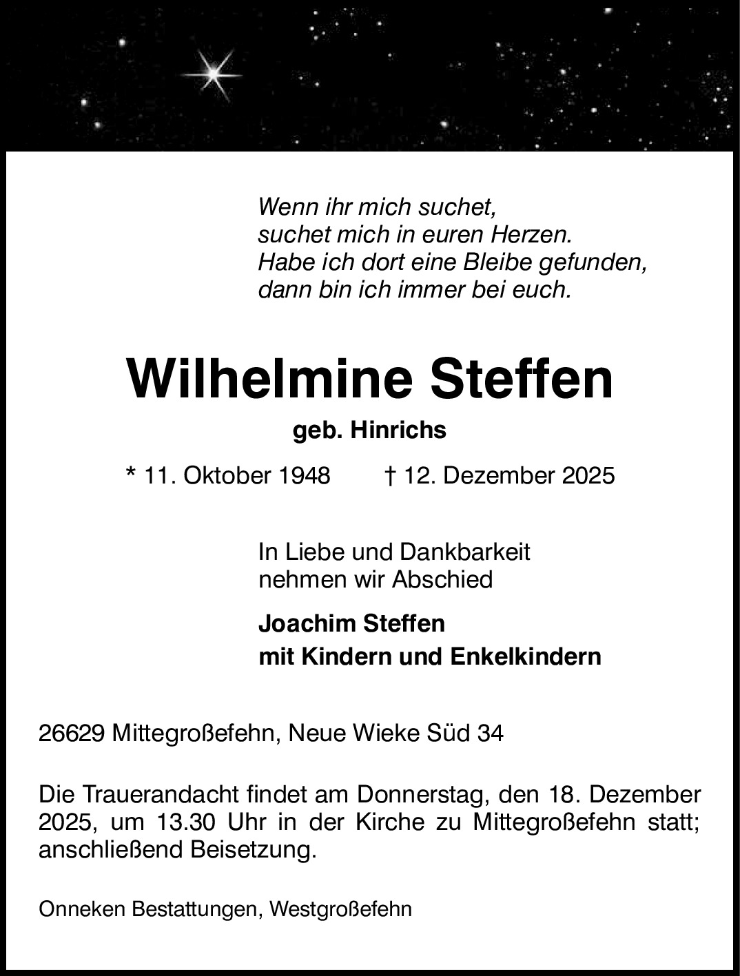 Traueranzeige von Wilhelmine Steffen